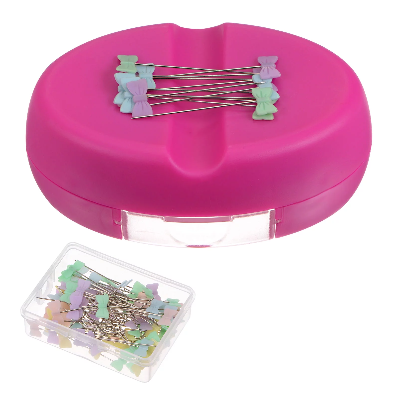 Uxcell Magnetic Pin Cushion with 50pcs Tie Plastic Head Pins, Magnetic Pins Holder with Drawer, Pink