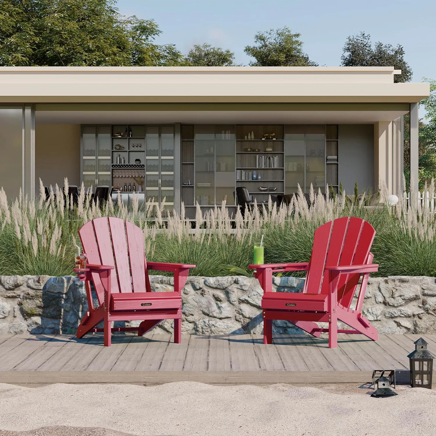 Folding Adirondack Chair Wood Texture, Patio Adirondack Chair Weather Resistant, Plastic Fire Pit Chair with Cup Holder, Lawn Chair for Outdoor Porch Garden Backyard Deck (Red)