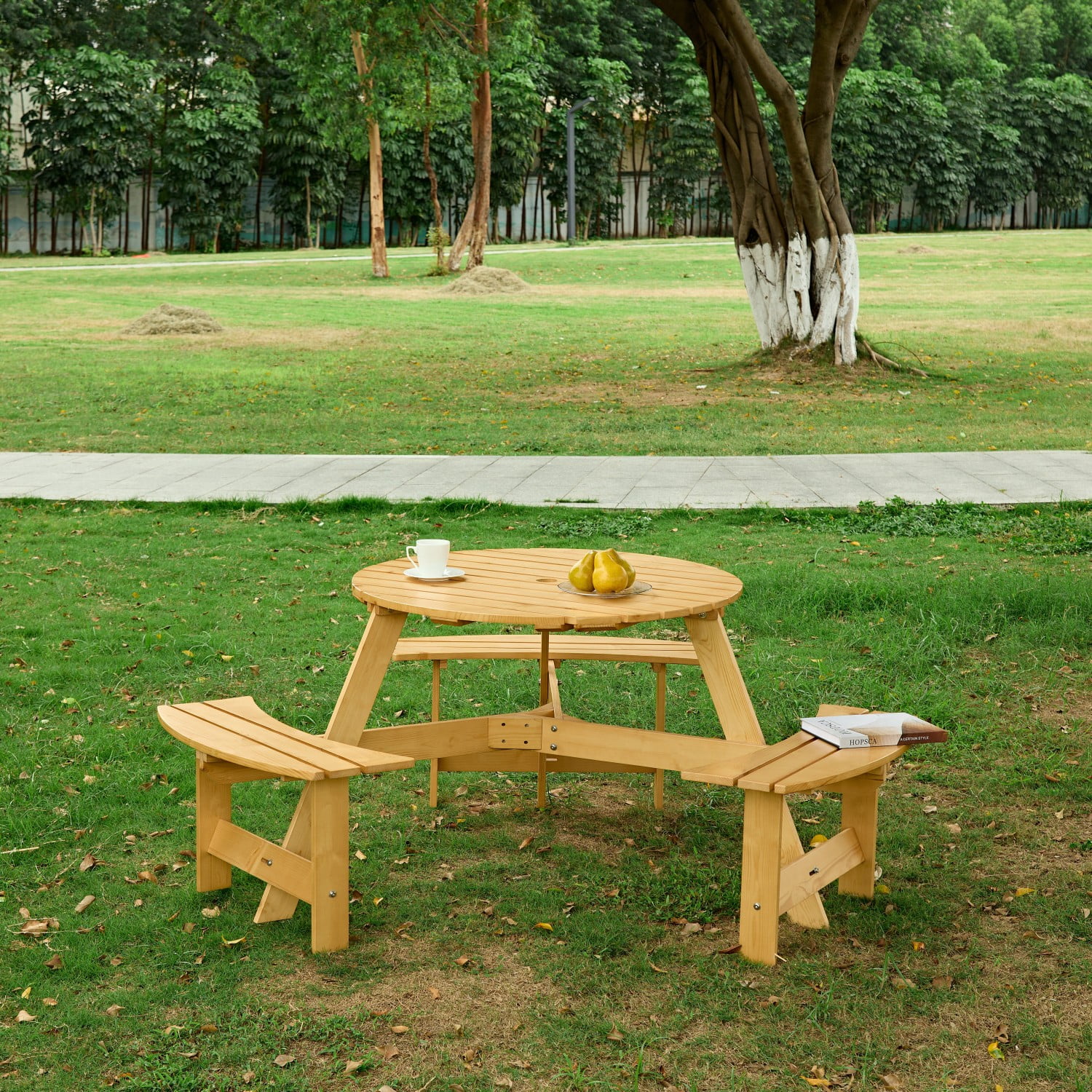 LoLado 6 Person Wood Picnic Table, Outdoor Round Picnic Table with 3 Built-in Benches, Umbrella Hole, Outside Table and Bench Set for Garden, Backyard, Porch, Patio, Natural