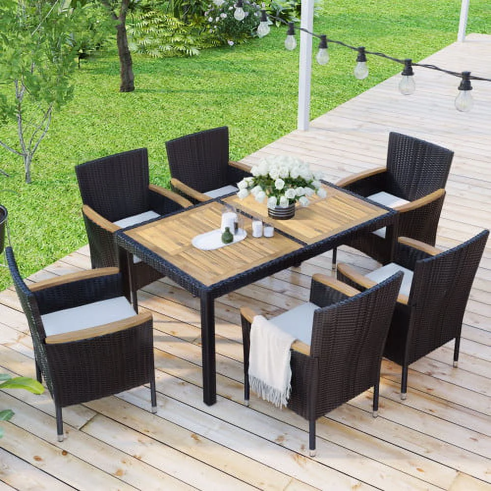 Buumin 7-Piece Outdoor Patio Dining Set, Garden PE Rattan Wicker Dining Table and Chairs Set, Acacia Wood Tabletop, Stackable Armrest Chairs with Cushions, Brown