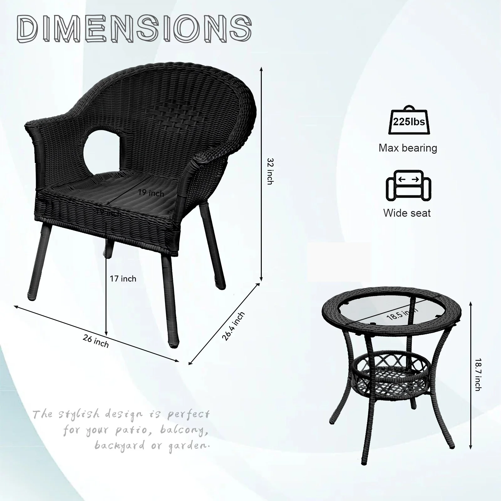 Cozywor 3-Piece Outdoor Wicker Patio Bistro Chair Set Black