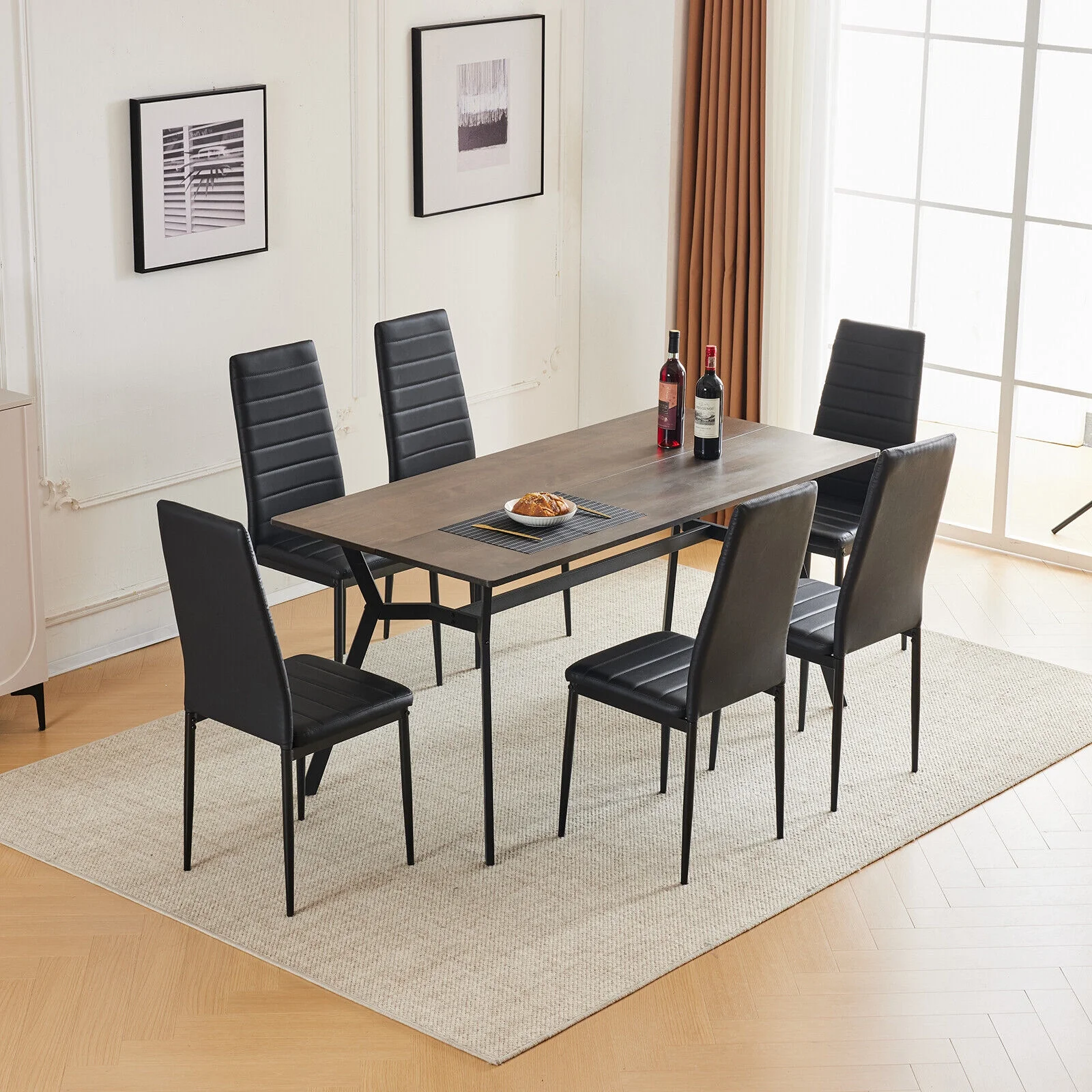 Modern 7 Pieces Dining Table Set Wood Top Dining Table Chair Set for 6 Person