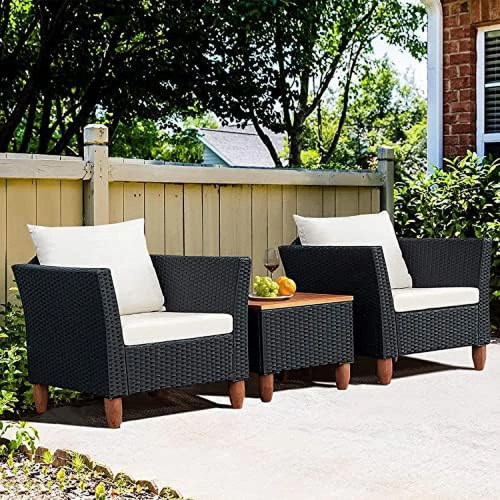 MQLIFEBOOM 3 Pieces Patio Conversation Set PE Rattan Wicker Sofa Set with Cushions  Outdoor  Set with Acacia Wood Coffee Table for Balcony Backyard Porch Garden