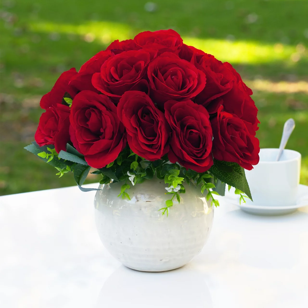 Enova Home 18 Heads Artificial Silk Roses Faux Flowers Arrangement in Round Tapered Ceramic Pot for Home Office Wedding Decor (Red)