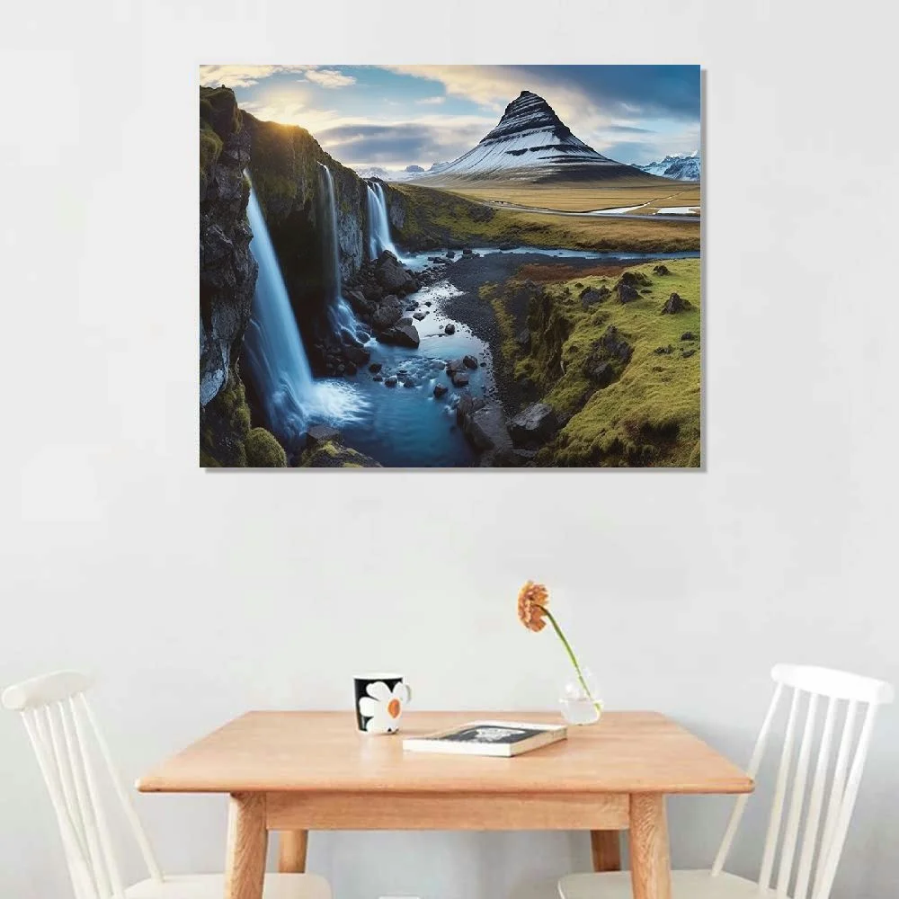 CANFLASHION  Iceland Landscape Waterfalls Canvas Art Print Stretched Wall Decor