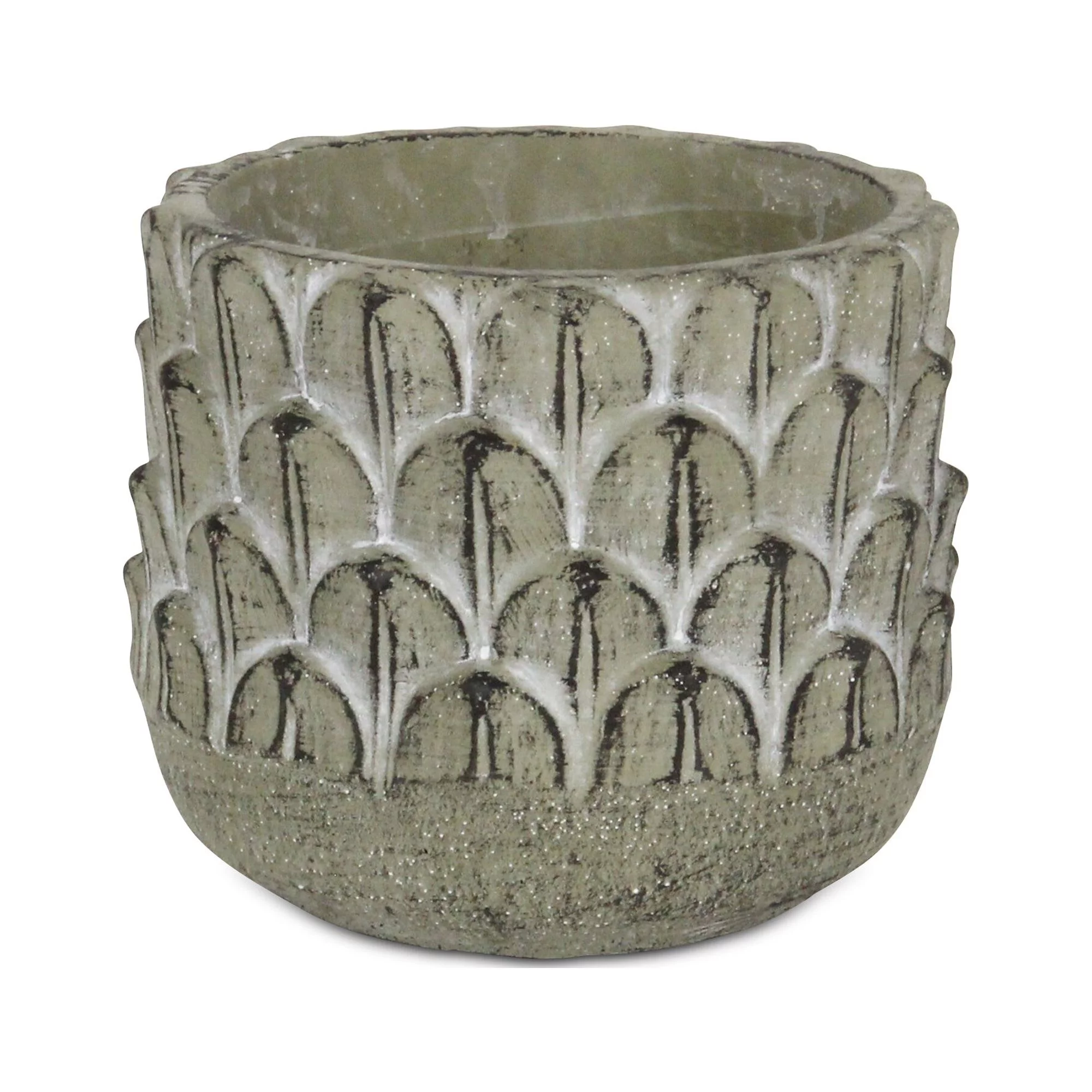 Cheungs 5451S Cement Pot with Overlapping Feather Pattern, Round - Small