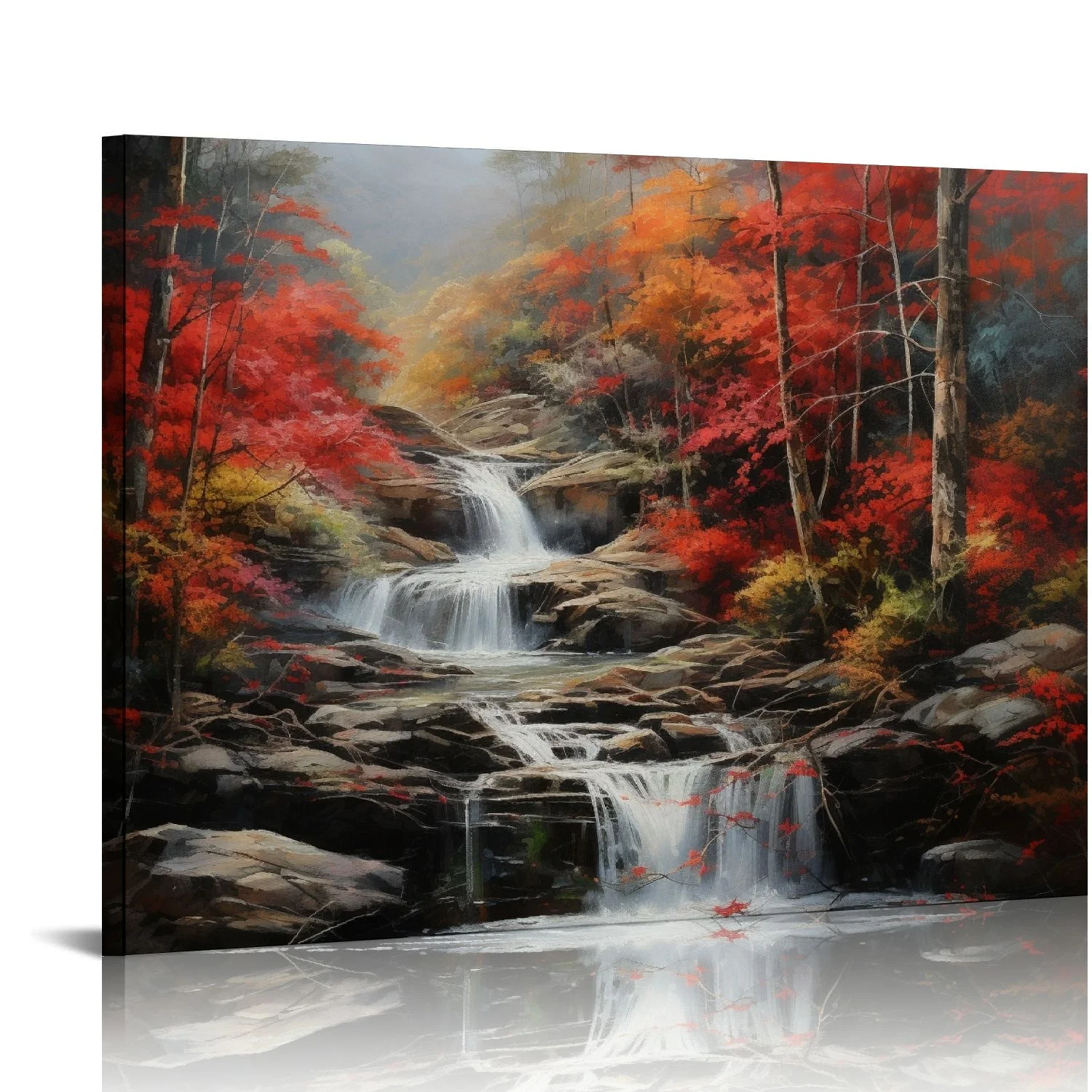 Nawypu Forest Canvas Wall Art Red and Black Bathroom Wall Decor Fall Pictures Mountain Waterfall Landscape Poster Tropical Tree Painting Nature Scenery Artwork for Living Room Bedroom Home Decorations