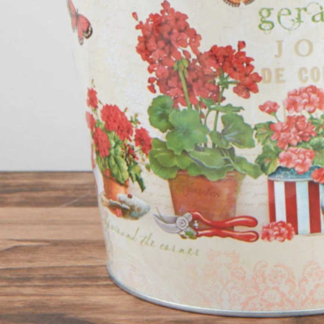 Red Geranium Print Tin Pail Planter - For Indoor Spring and Summer Arrangements and Home Decor