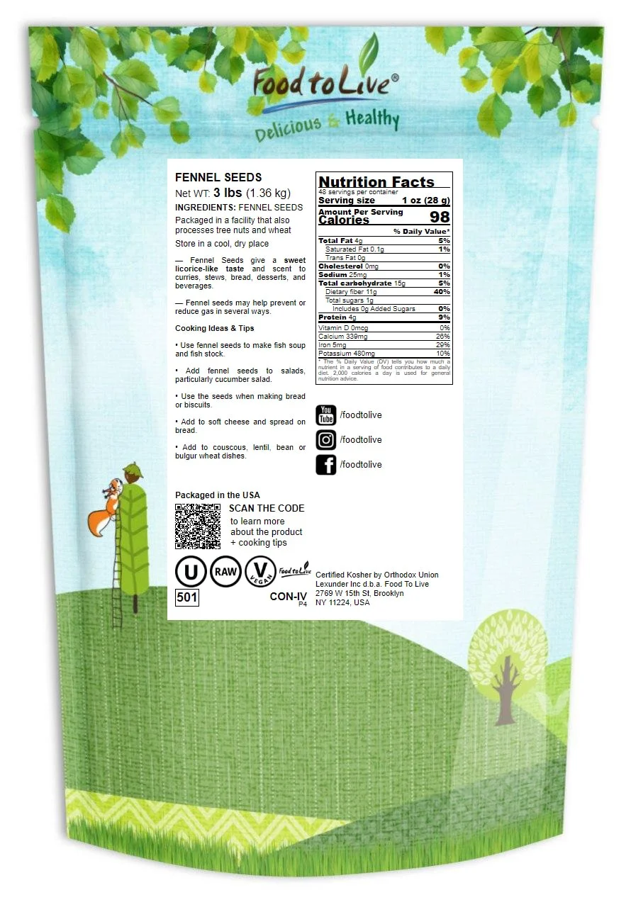 Food to Live, Fennel Seeds, Non-GMO Verified, 1 Pound, Raw