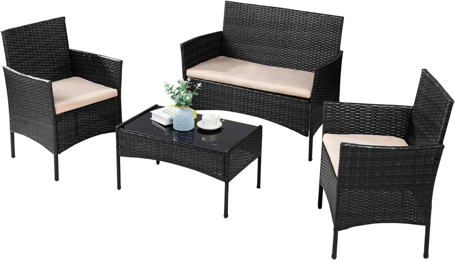 Dina 4 Pieces Patio Porch Furniture Sets Wicker Patio Conversation Furniture Rattan Chair Set with Tempered Glass Coffee Table for Backyard Porch Garden Poolside Balcony Brown
