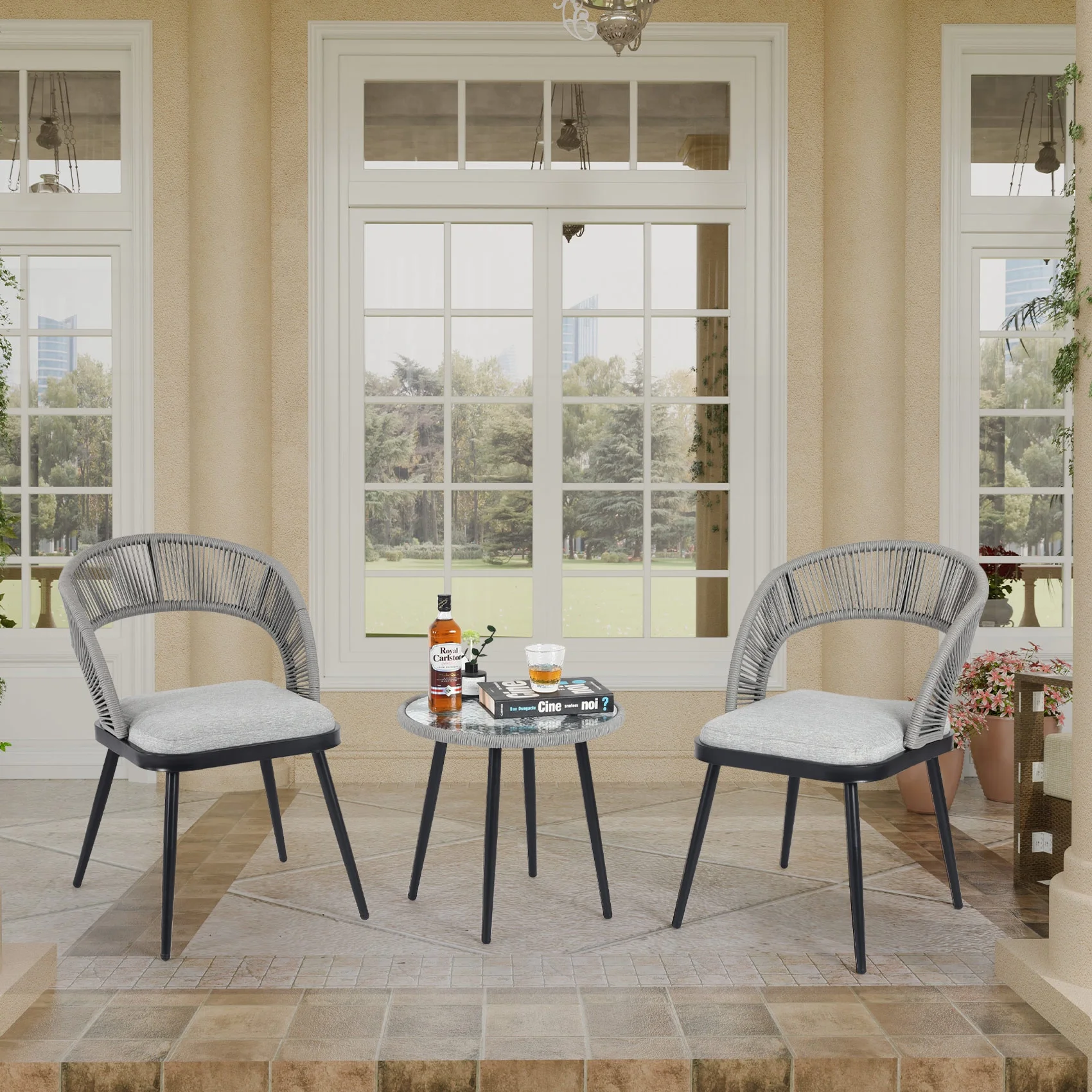 ALEAVIC 3 Pieces Rattan Patio Bistro Furniture Set, 2 Wicker Chairs and Glass Top Table, Black