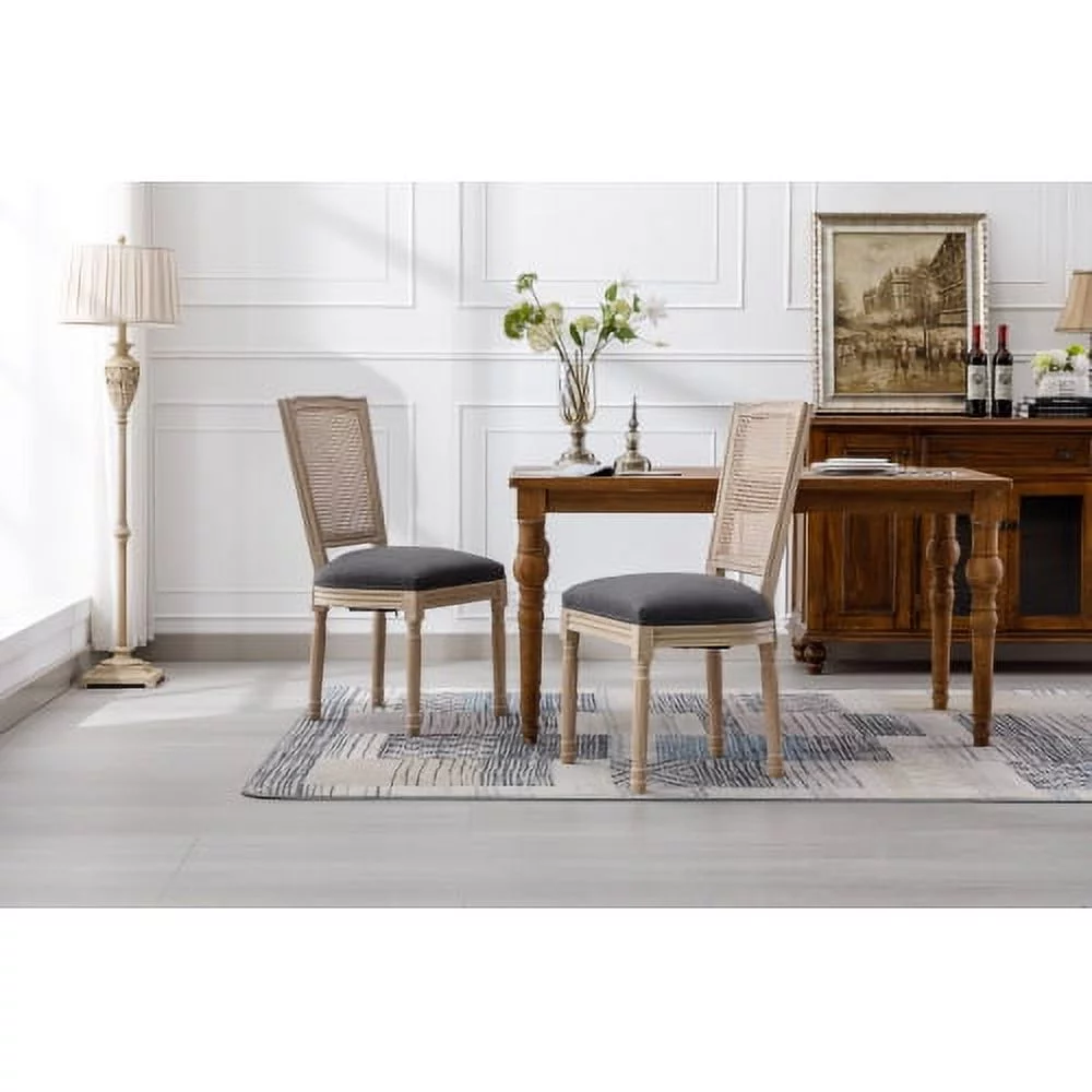 French Style Solid Wood Frame Antique Painting Linen Fabric Square Rattan Back Dining Chair,Set of 2,Dark Grey