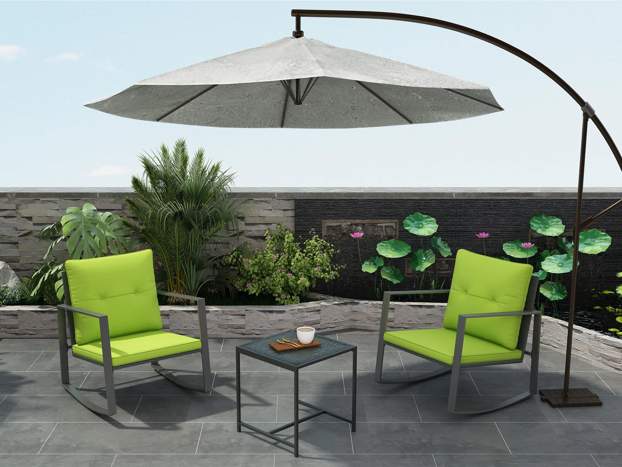 Atlas 3-Piece Outdoor Sturdy Furniture Set -2 Chairs With Solid Glass Coffee Table - Green