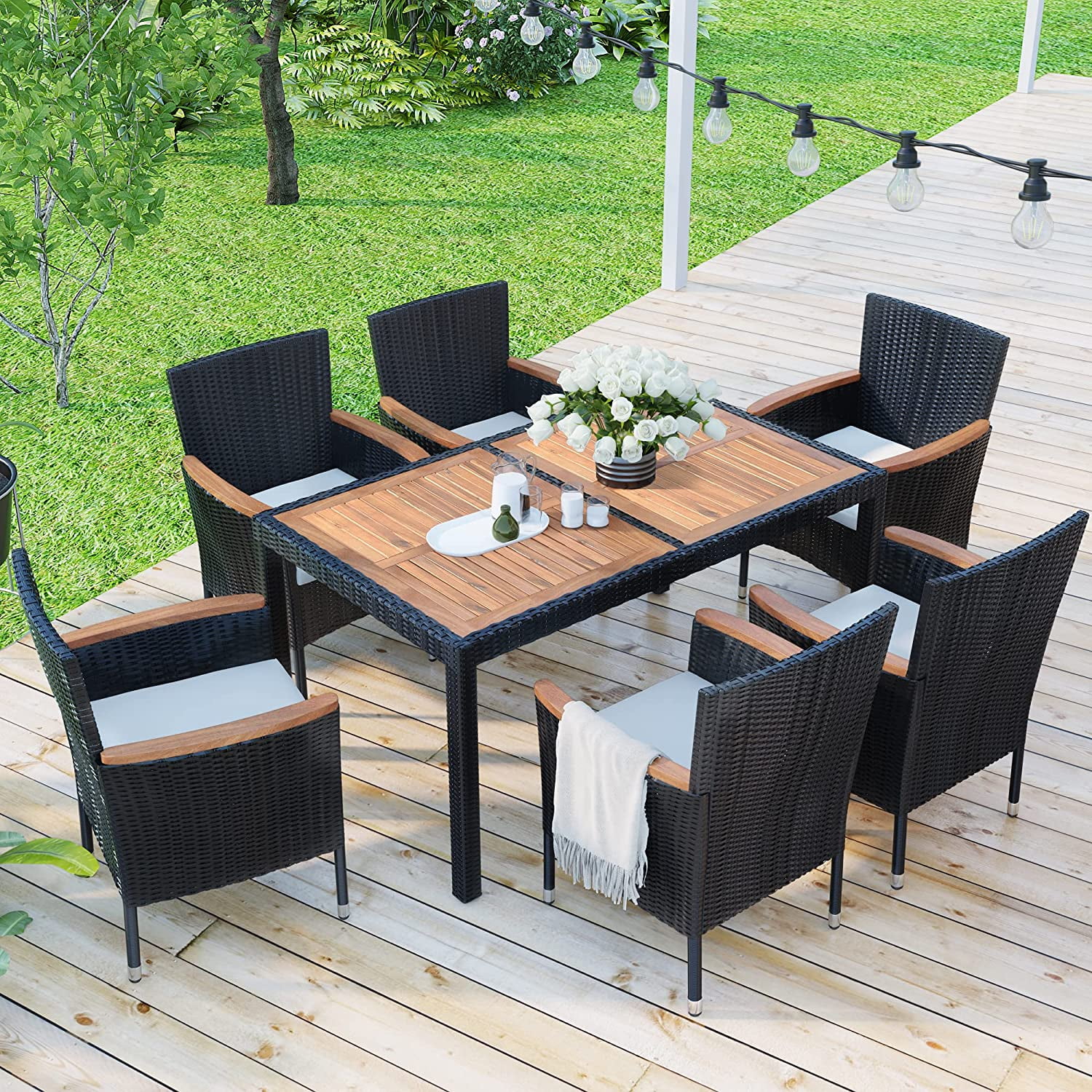 7 Piece Outdoor Patio Dining Set for 6  Rattan Wicker Furniture with Acacia Wood Top Table and Stackable Armrest Chairs with Cushions  Brown