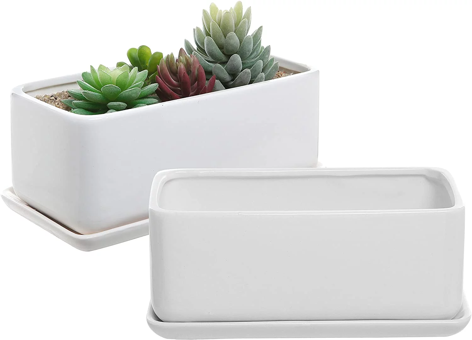 MyGift 10 Inch White Ceramic Rectangular Succulent Planters with Removable Tray, Set of 2