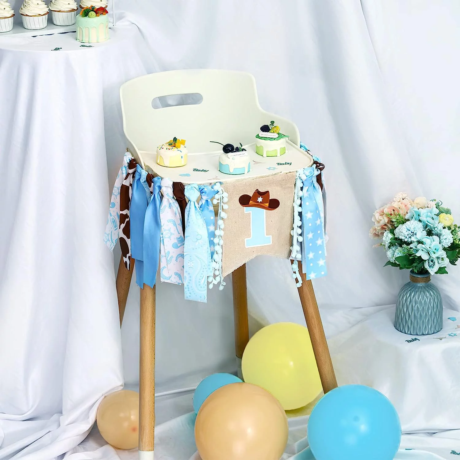 Cowboy 1st Birthday Decorations - First Rodeo One High Chair Banner, Blue First Rodeo Birthday Party Decorations for Boy, Fabric Highchair Banner, Cowboy Rodeo Birthday Party Decorations