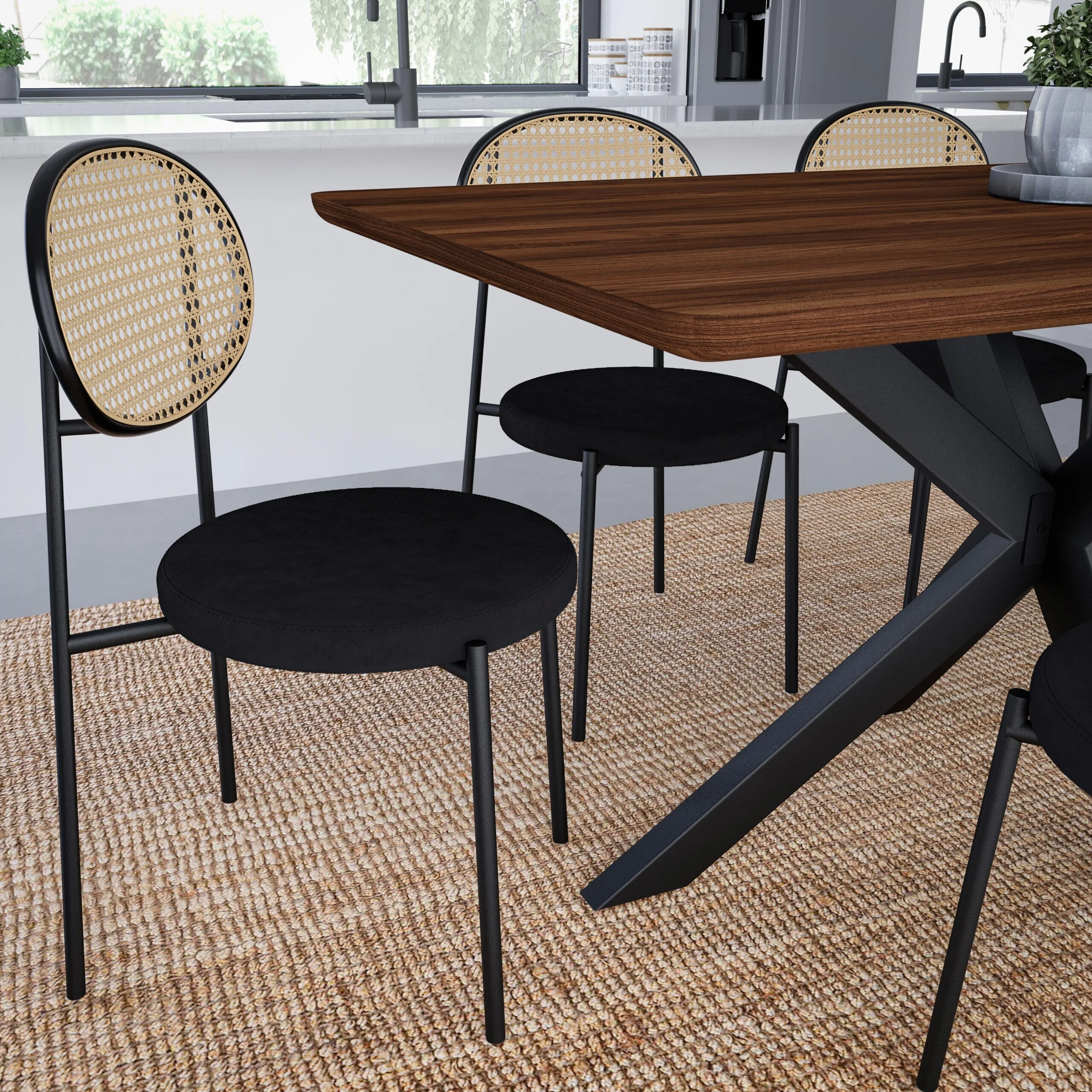 LeisureMod  Euston Modern Dining Chair with Wicker Back and Velvet Seat Black