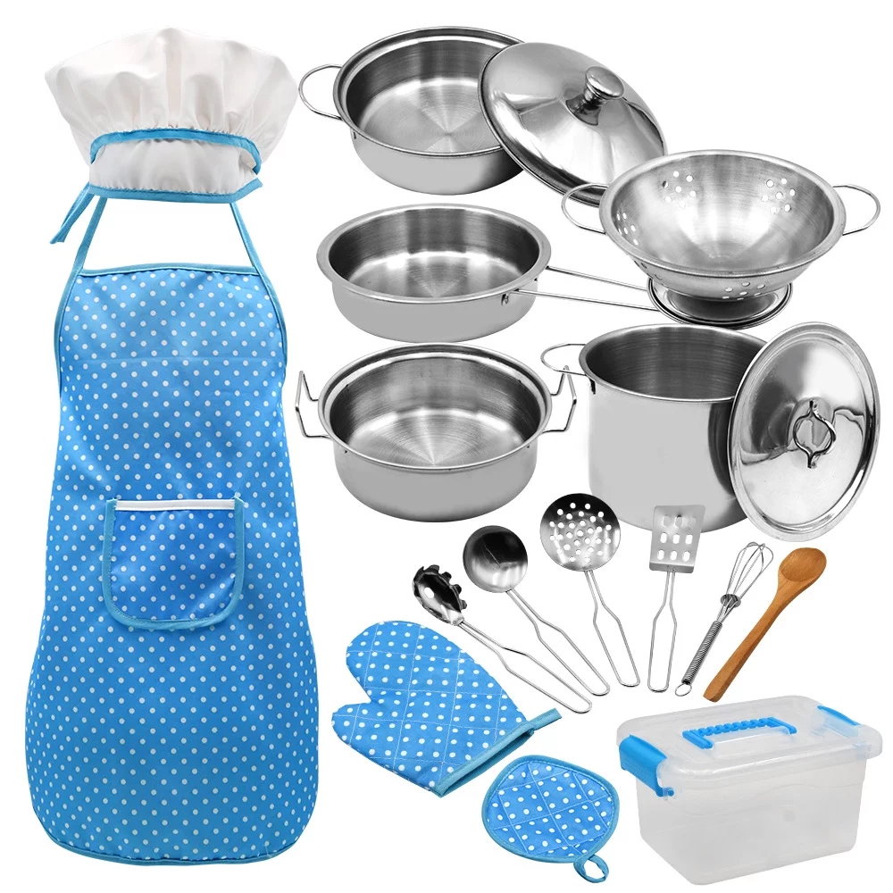 Tomshoo Kids Cooking and Baking Set 18 PCS with Chef Hat Apron Oven Mitt Pan Soup Pot Spoon Shovel Kitchen Utensils Children Chef Role Playset Educational Gift for Girls Boys (Blue)