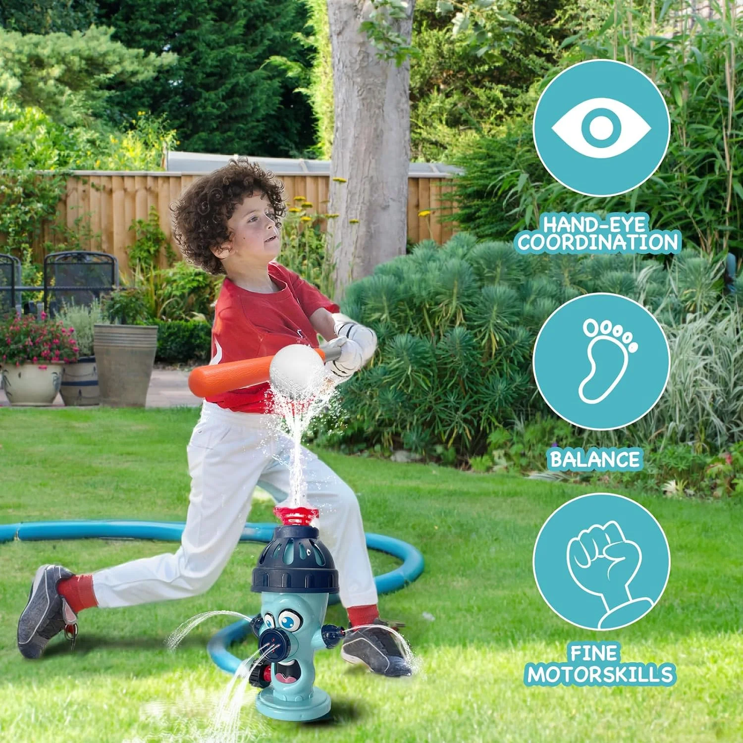 Transplant Outdoor Water Spray Sprinkler Toy for Kids, Backyard Hydrant Sprinkler Tee Ball Games Set with 2 Baseballs, Attaches to Garden Hose Splashing Fun Gift for 3+ Years Boys and Girls