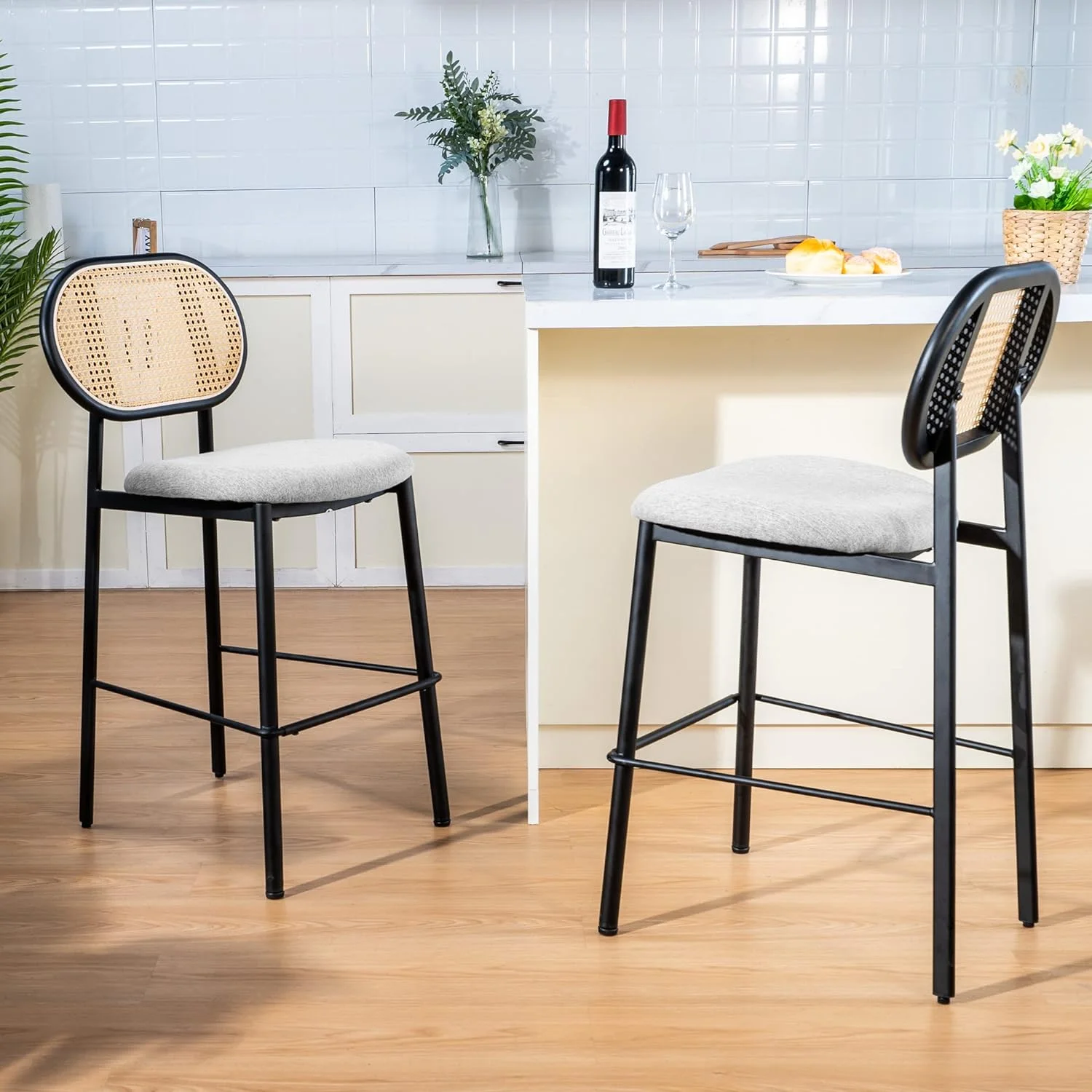25'' Counter Height Bar Stools Set of 2 with Rattan Backrest for Kitchen Island, Grey