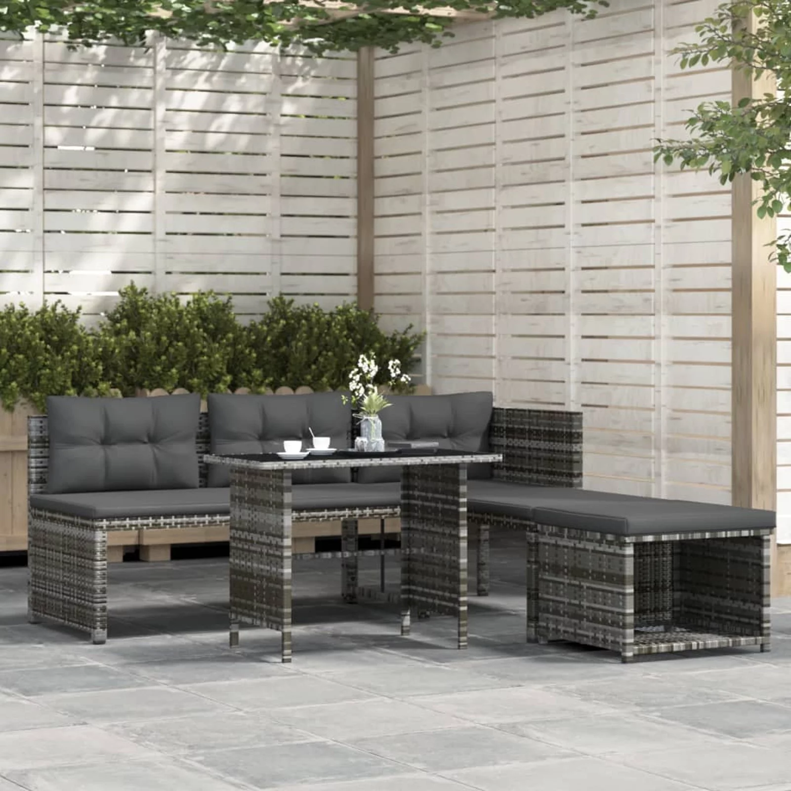 OWSOO 4 Piece Patio Dining Set with Cushions Gray Poly Rattan
