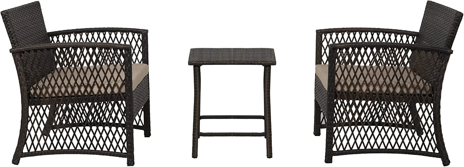 WO 3 Piece Set Coffee Color Base Outdoor/Patio Wicker Rattan Chair Set With Cushions And A Side Table (2 Seater) (Coffee/Beige)