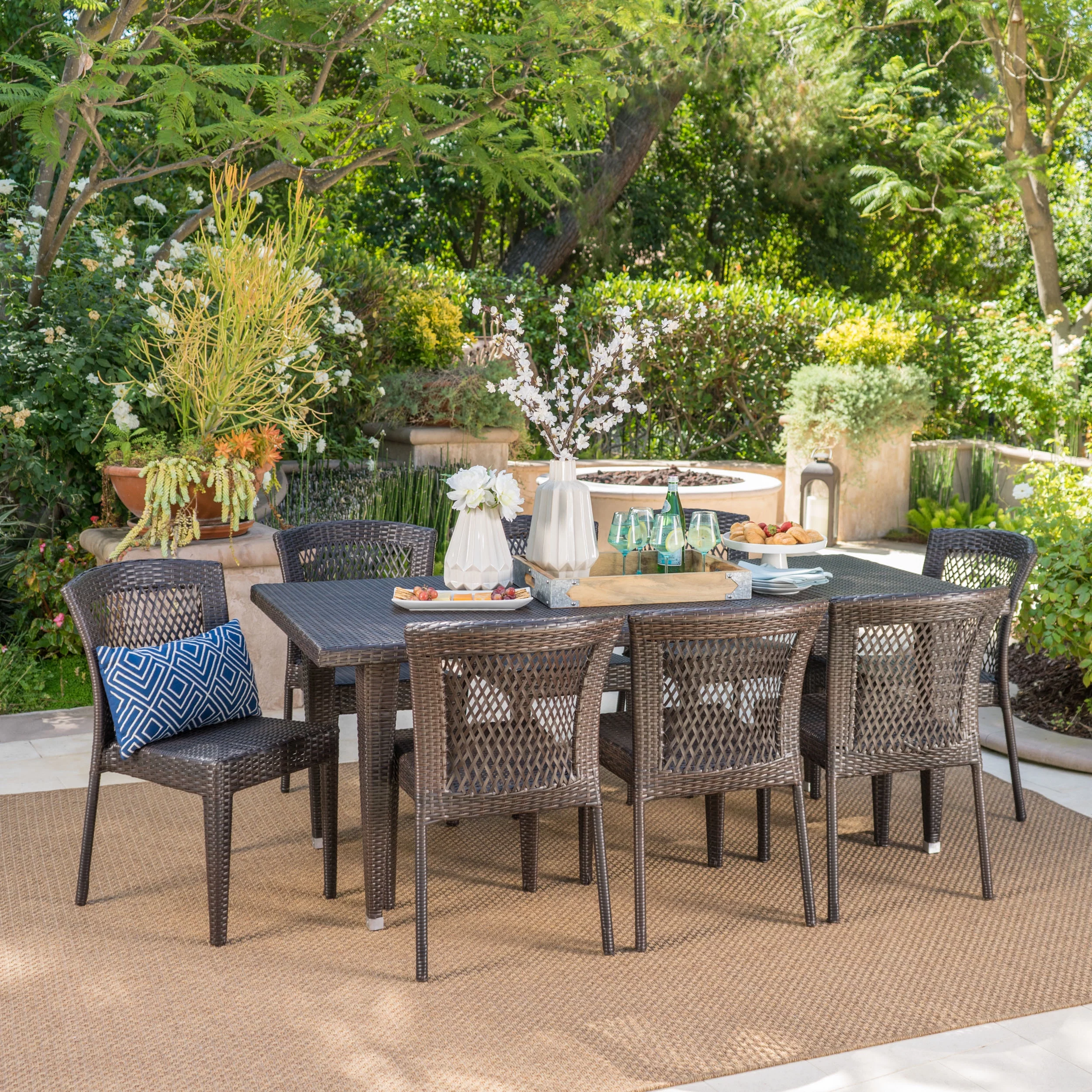 Zaylee Outdoor 9 Piece Wicker Dining Set, Multi Brown