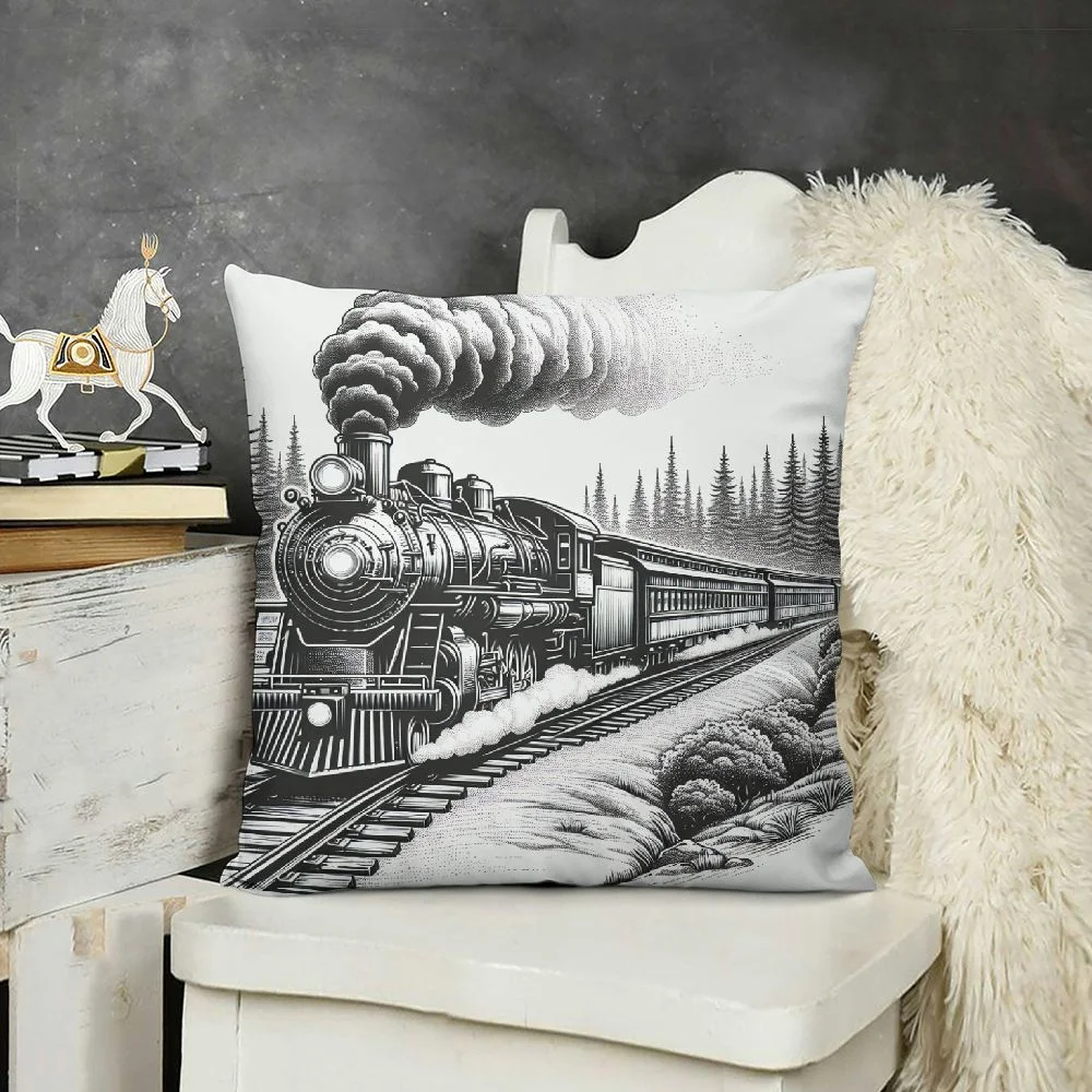 Ulloord Vintage Train with Smoke Coming，Printed Throw Pillow Cushion Covers Used for Sofa, Bed, Farmhouse, Chair, Dining, Patio, Outdoor, Black and White