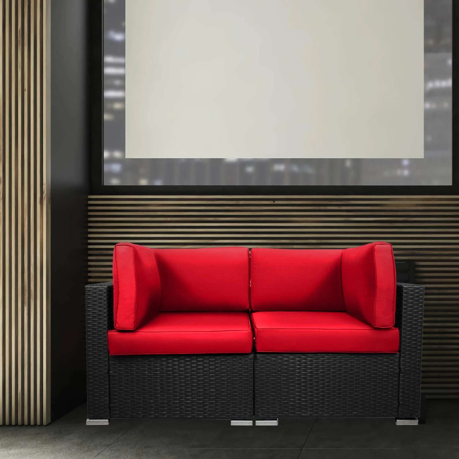 Loveseats Patio Sectional Corner Sofa All Weather Wicker Rattan Outdoor Thick Couch Set (Red)