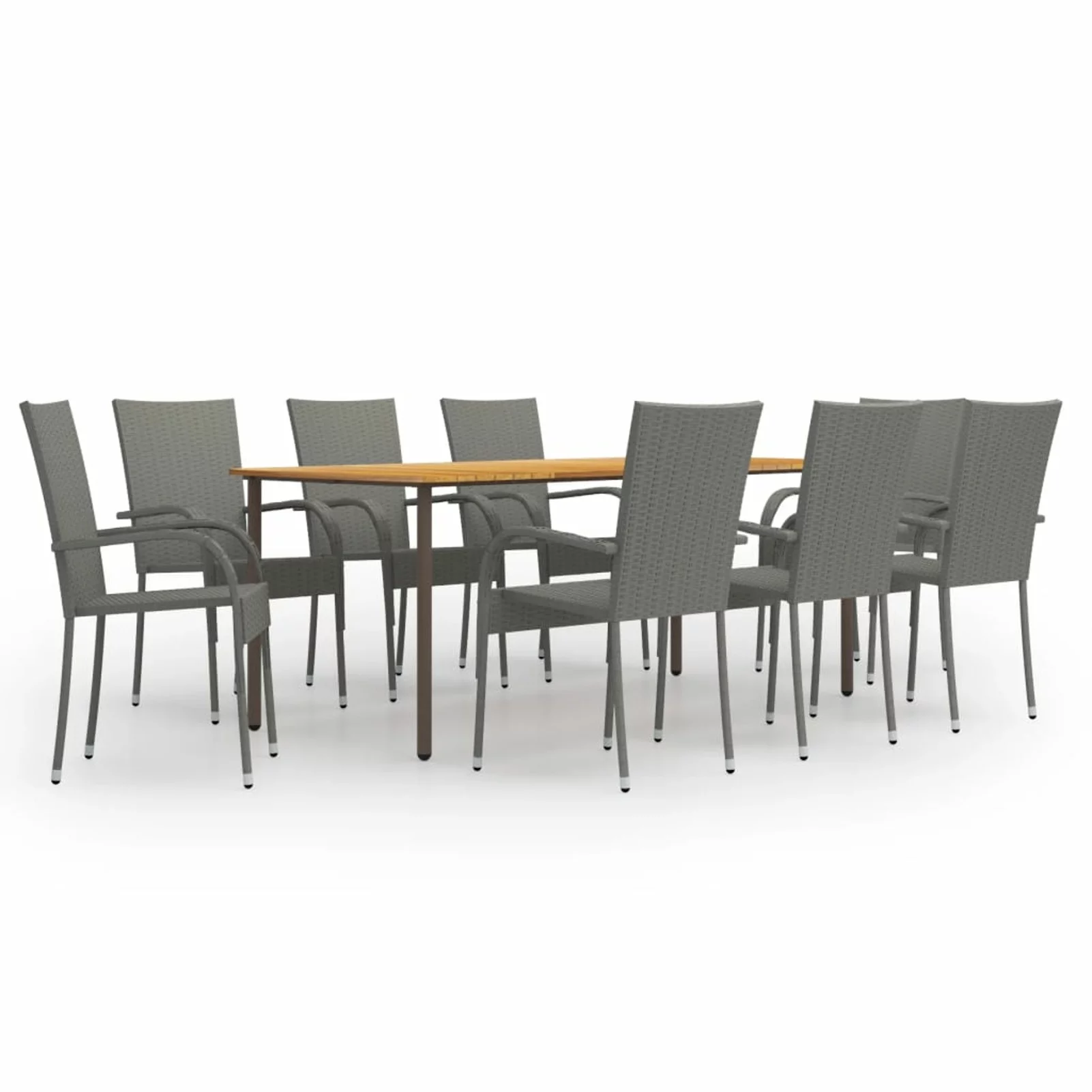 moobody 9 Piece Patio Dining Set Acacia Wood Tabletop Table and 8 Chairs Gray Poly Rattan Steel Frame Outdoor Dining Set for Garden, Lawn, Courtyard