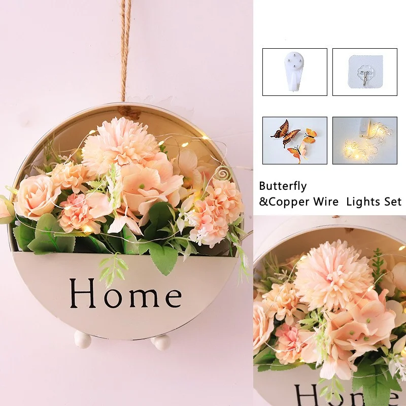1 Set Metal Wall Hanging Planter with Artificial Flower Hanging Decorative Flowerpot with Butterfly LED Lights for Home Garden Wall