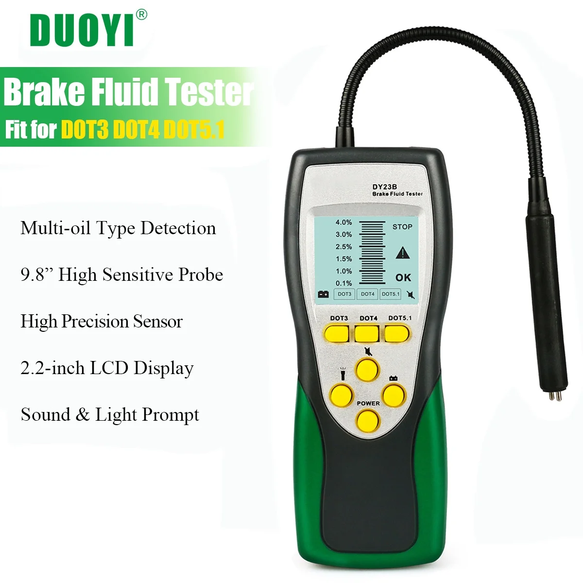 Brake Fluid Tester Universal DOT3 DOT4 DOT5.1 Brake Fluid Moisture Checker Car Brake Oil Water Content Detector W/ High-Sensitive Sensor Probe