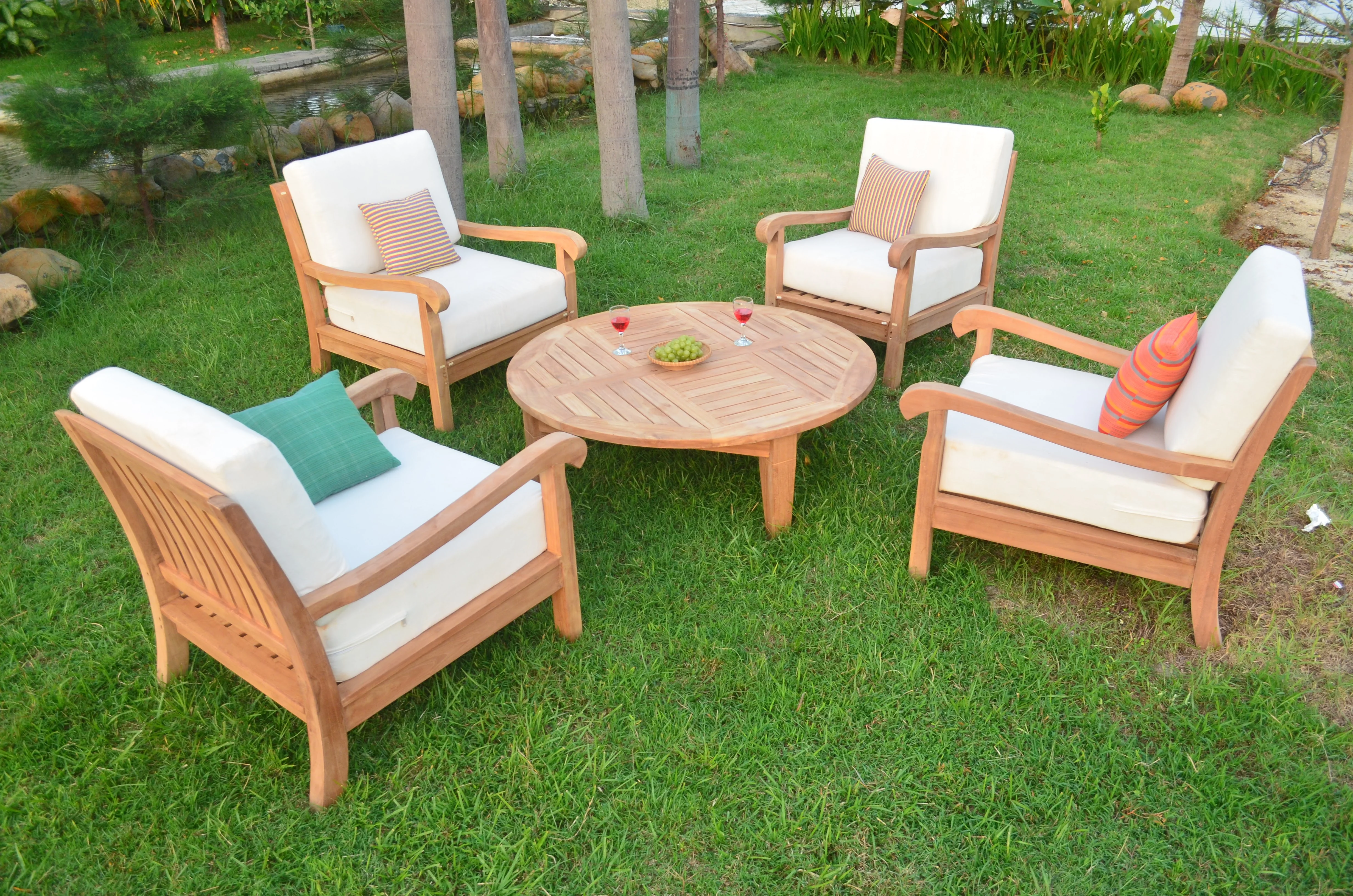 5 PC A Grade Outdoor Patio Teak Sofa Set - 4 Lounge Chairs & Round Coffee Table
