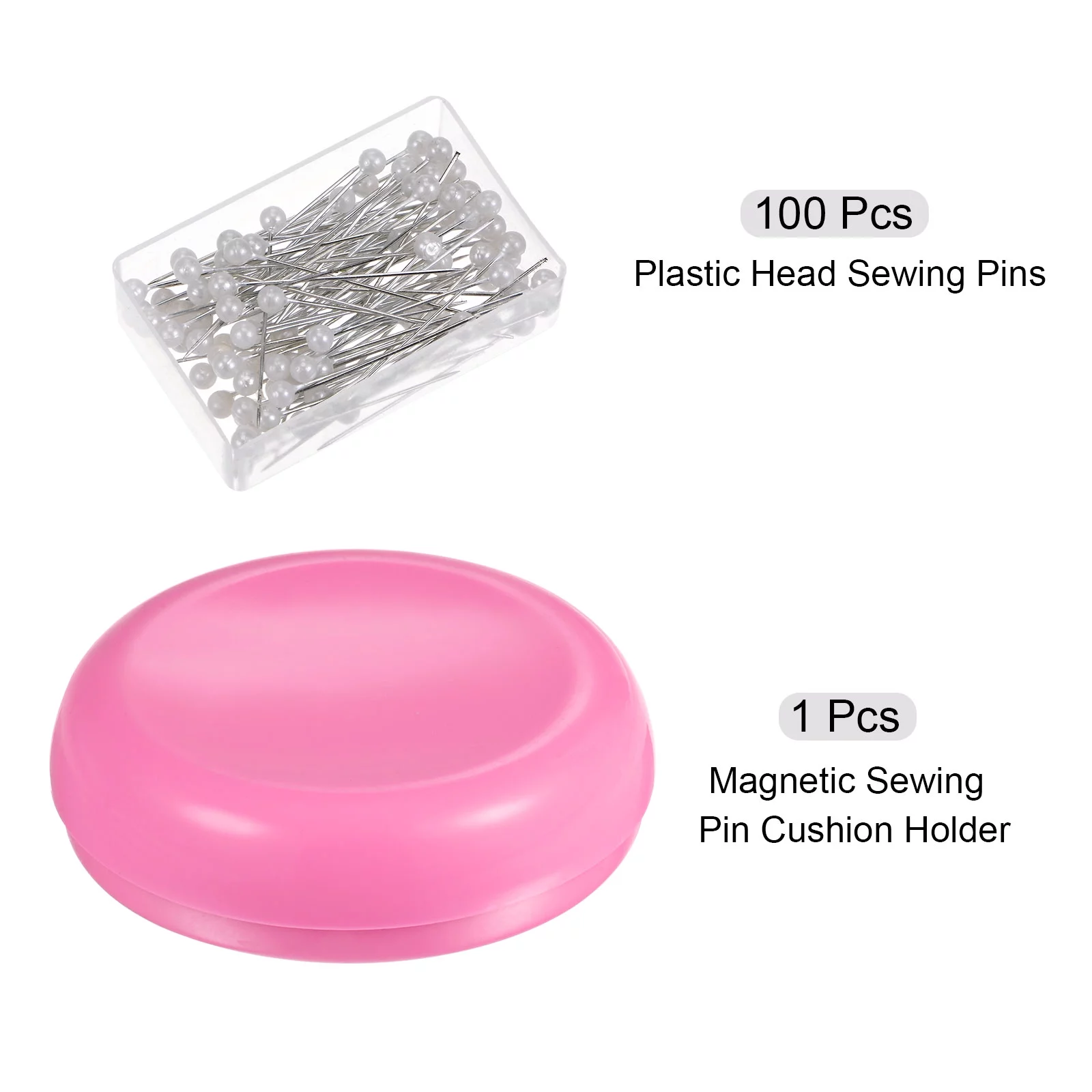 Uxcell Magnetic Pin Cushion Round Shape with 100pcs White Plastic Head Pins, Magnetic Pins Holder Pink