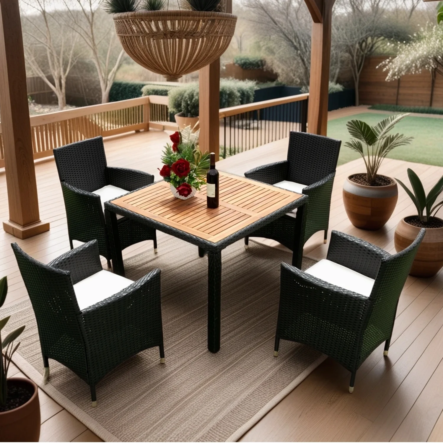 Modern EELIFEE 5 Piece Outdoor Patio Wicker Dining Set with Acacia Wood Top - Black Wicker and Creme Cushion - Stylish Patio Wicker Furniture Dining Set for Relaxation and Entertaining Un