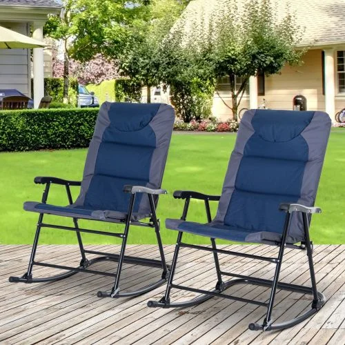 Buumin Outsunny 2 Piece Outdoor Rocking Chair Set, Patio Furniture Set with Folding Design, Armrests for Porch, Camping, Balcony, Navy Blue