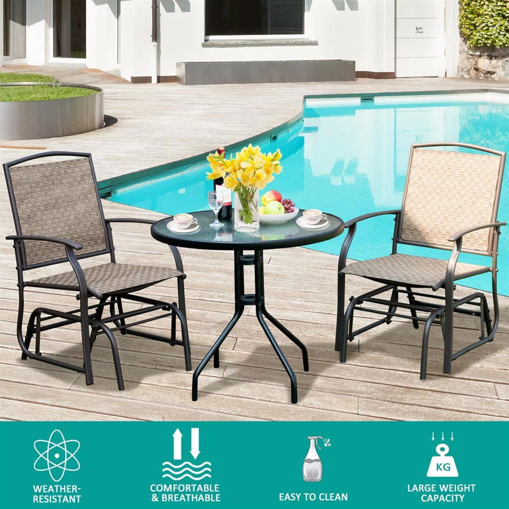 3PCS Patio Bistro Furniture Set Rocking Glider Chair Glass Table W/Umbrella Hole