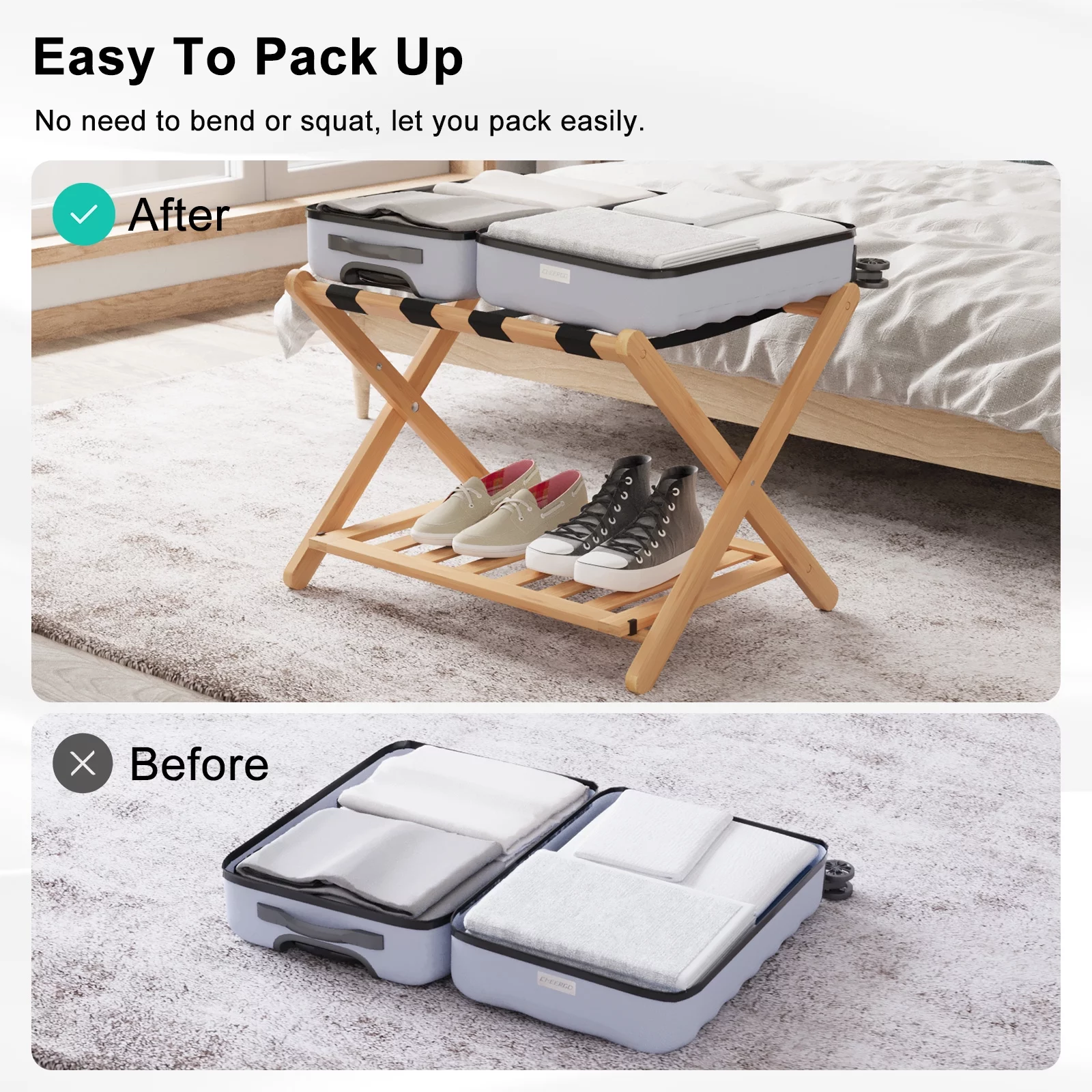 Smart FENDEE Luggage Rack Foldable Bamboo Suitcase Stand, Set of 2, Natural