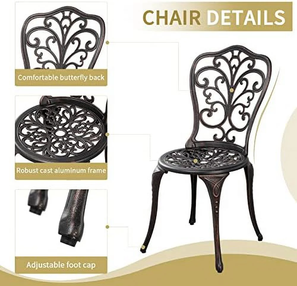 LNSETGC Patio  3 Piece Outdoor   Cast Aluminum Bistro Table and Chairs  with Umbrella Hole  Rust-Resistant Garden Table and Chairs  Bronze