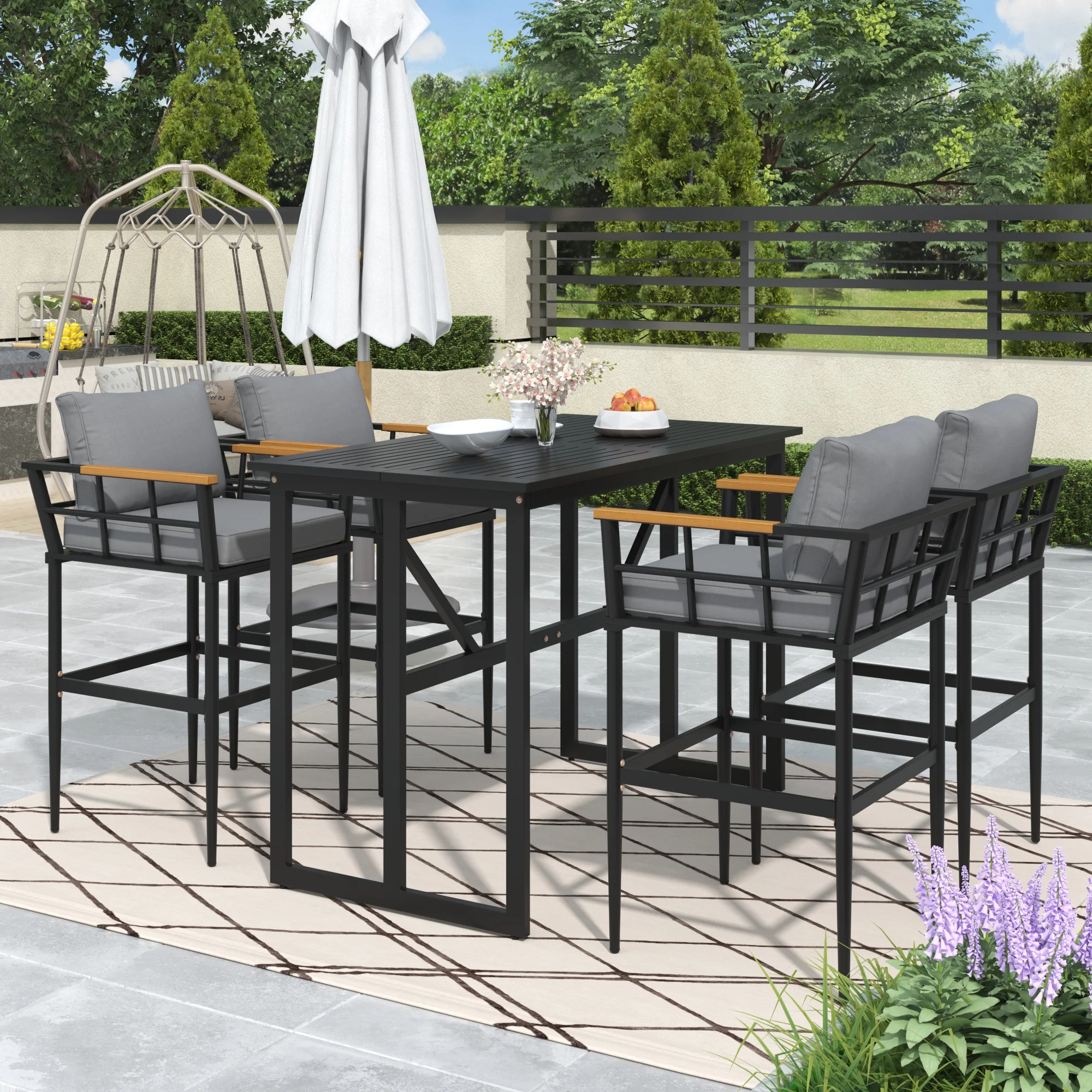 CoSoTower Steel Outdoor Dining Set with Acacia Wood Armrest Suitable for Patio, Balcony Or Backyard