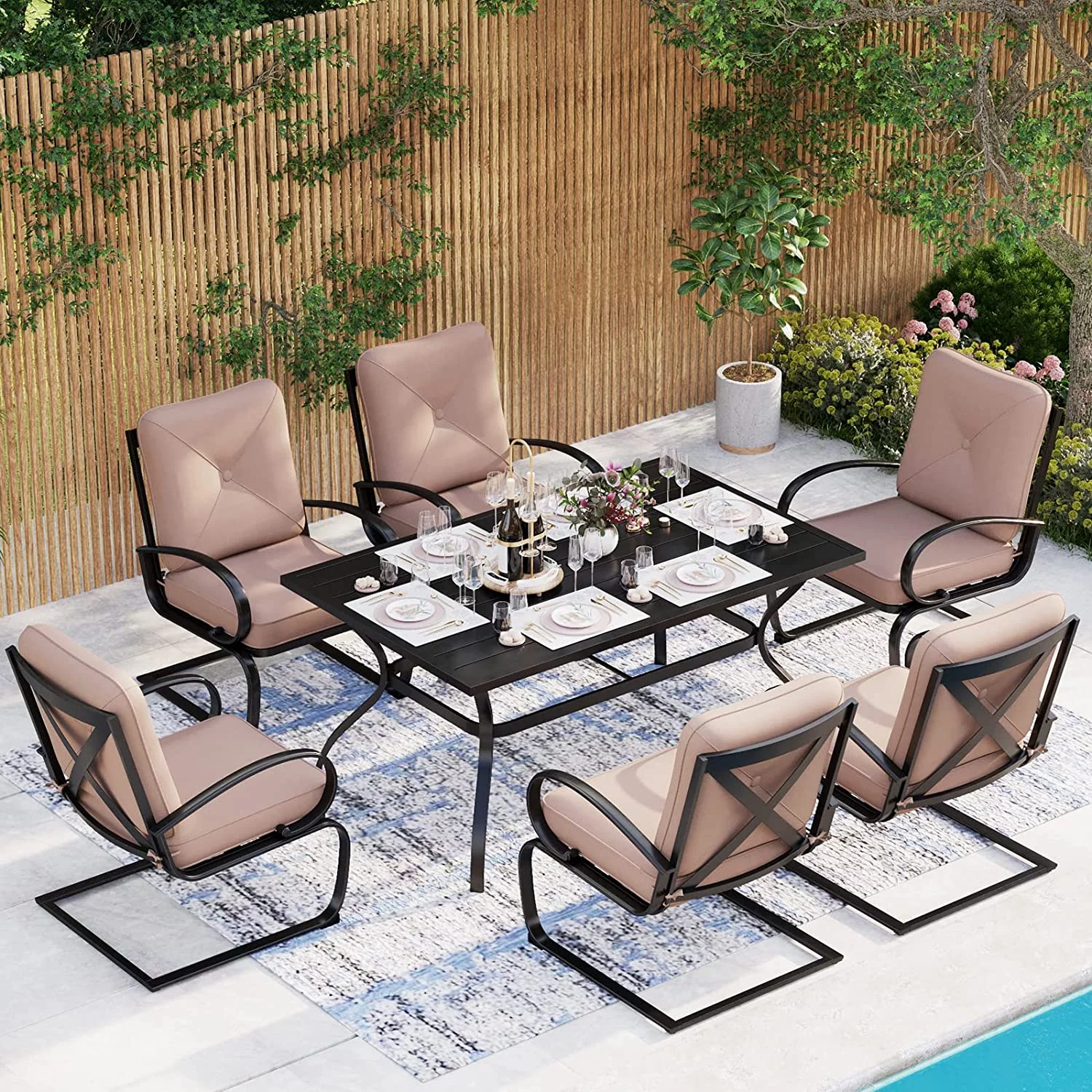 7 Piece Outdoor Patio Dining Set 6 Spring Motion Cushion Chairs  1 Rectangular Table with 1.57" Umbrella Hole Furniture Sets for Lawn Backyard Garden