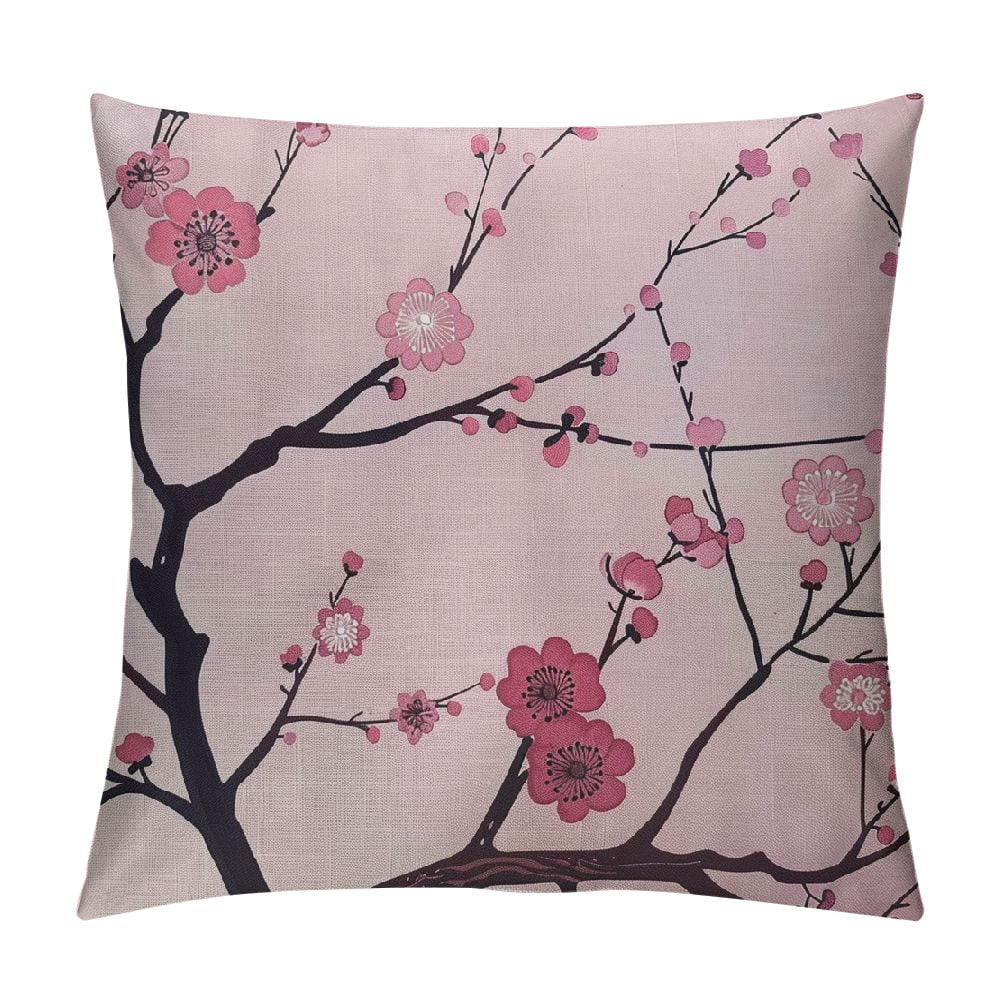Spring Pillow Decorative Throw Pillow Cover 18x18 Inch, Pink Chinese Cherry Blossom Flower Japan Plum Branch Double Sided Square Pillow Cases Pillowcase Sofa Cushion