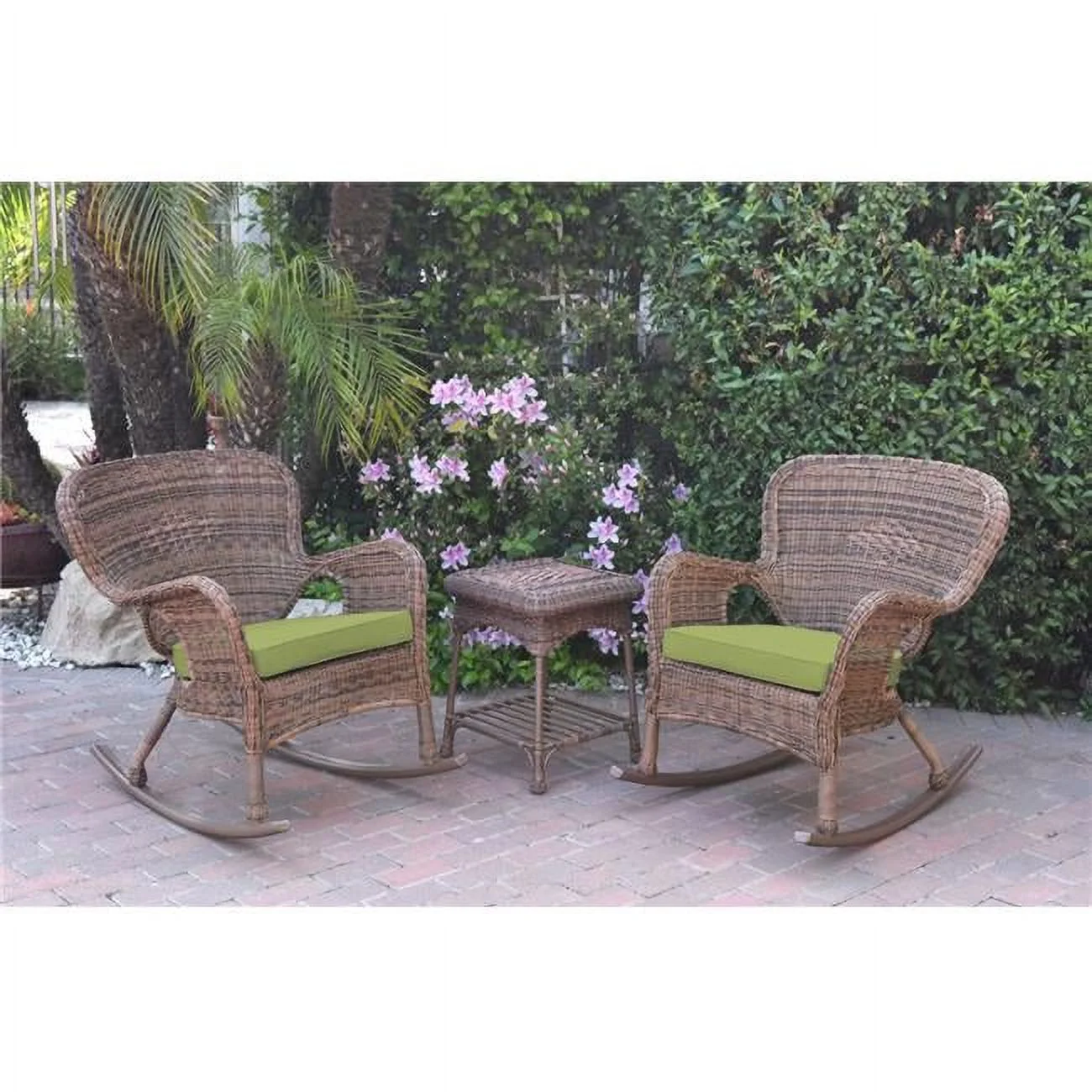 W00212-2-RCES029 Windsor Honey Wicker Rocker Chair & End Table Set with Green Cushion