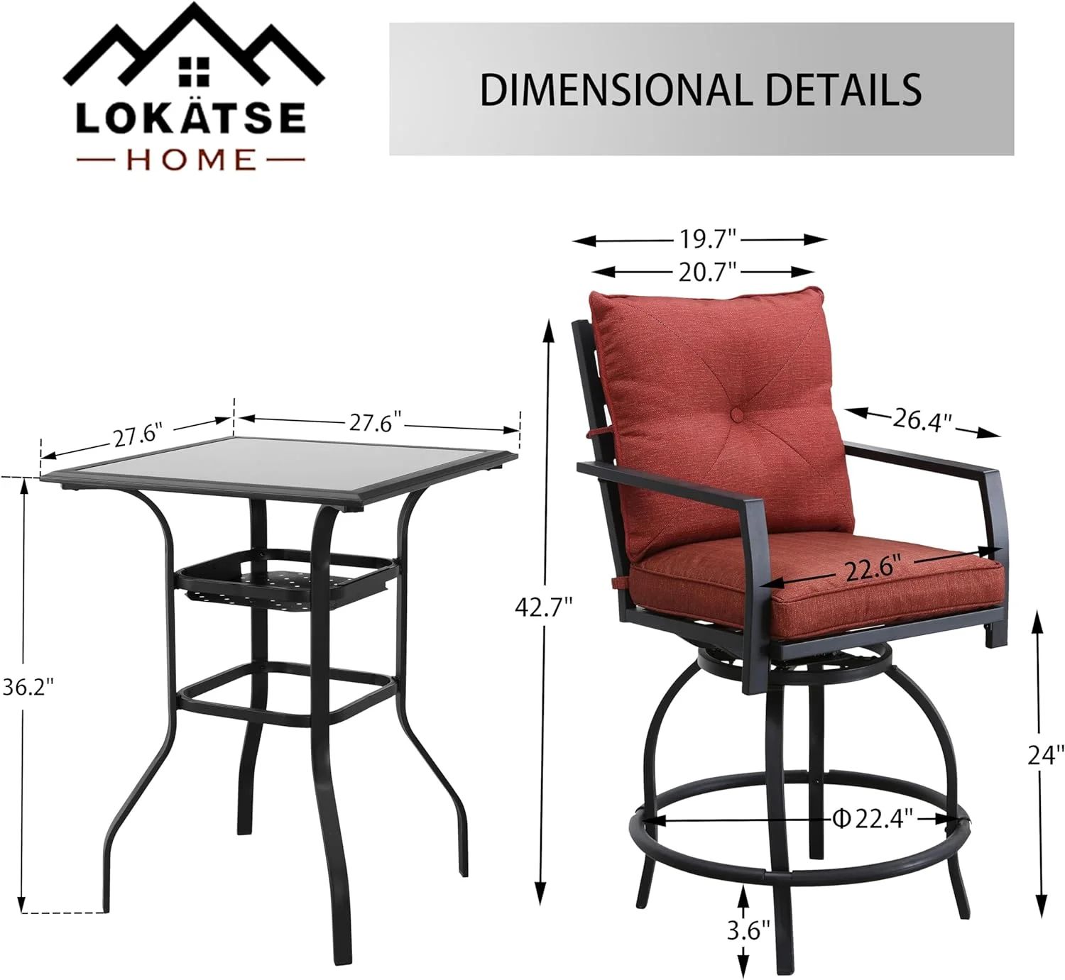 Patio Bar Height 2 Outdoor Swivel Chairs  1 High Glass Top Table, 3 Piece Bistro Set, Red