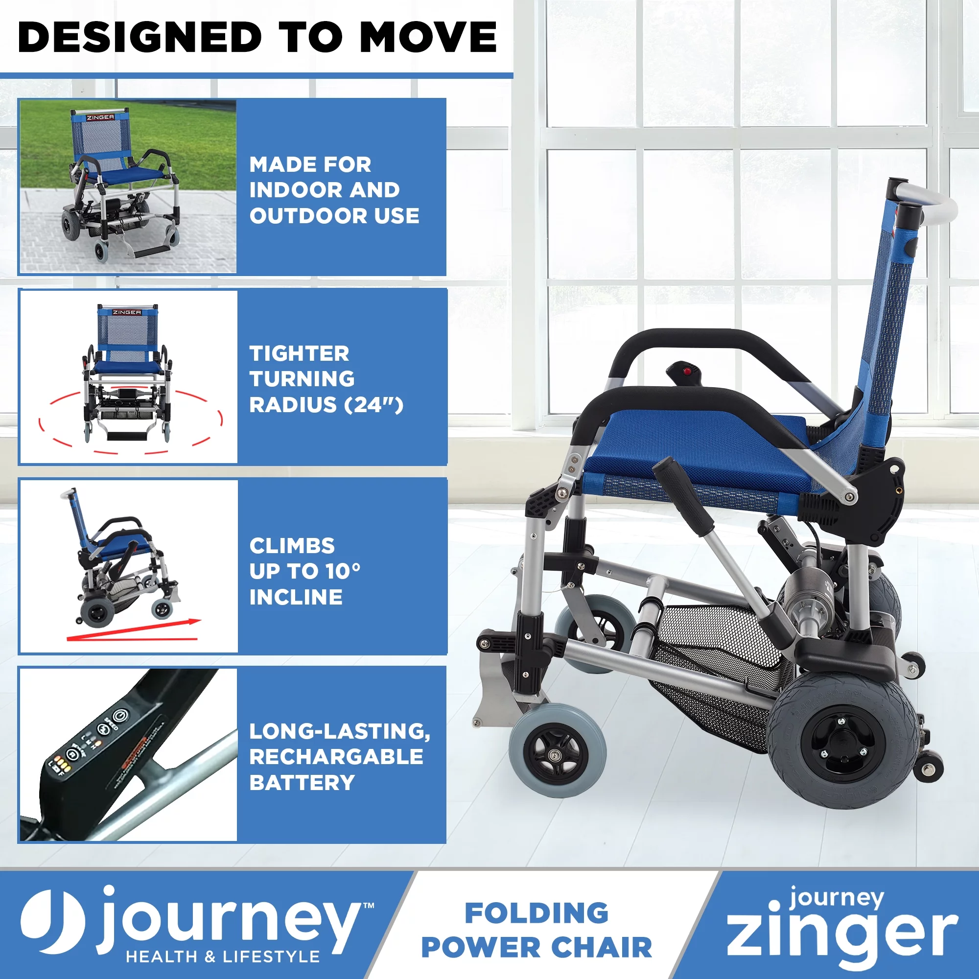 Zinger Folding Power Chair with Arm Rests Blue