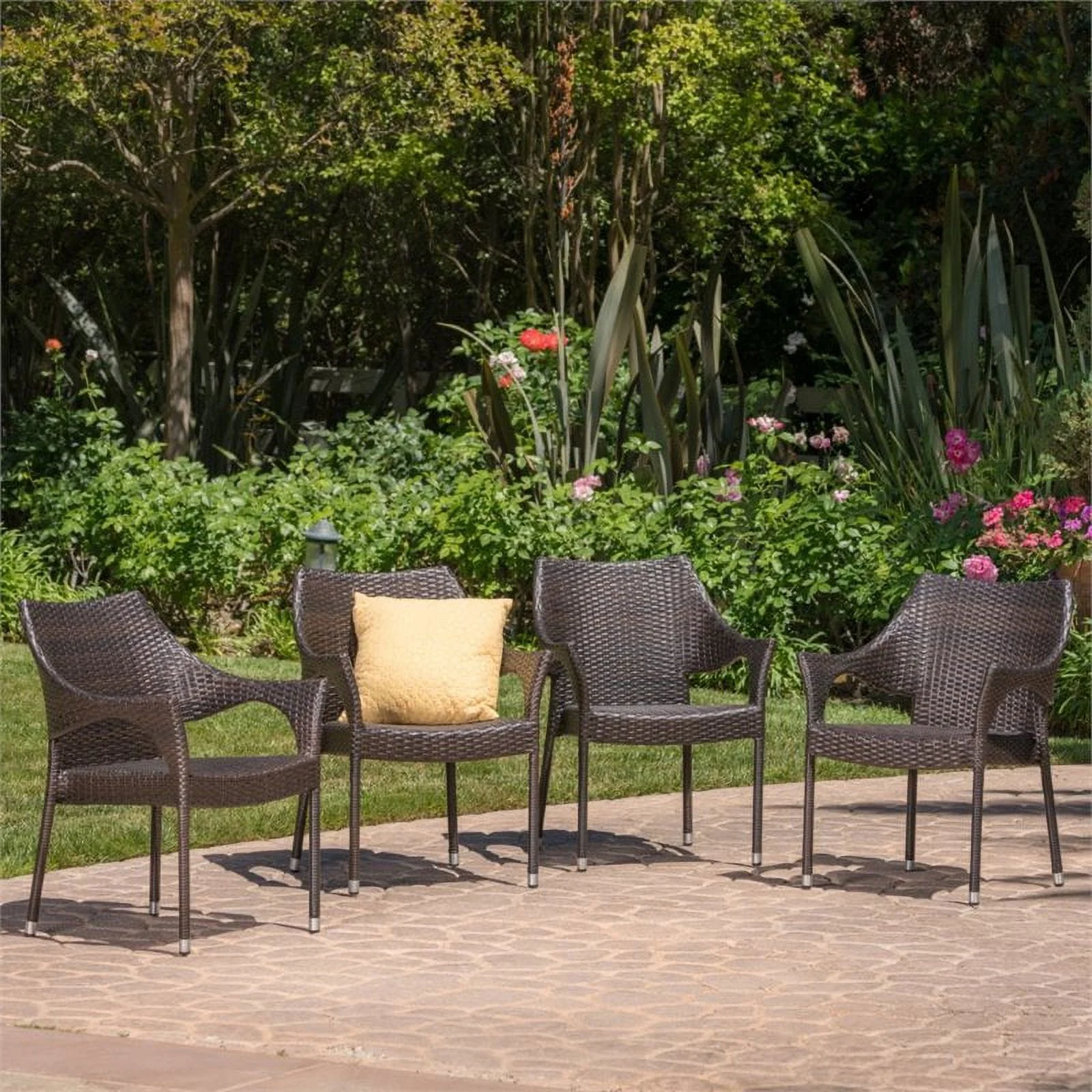 Noble House Mirage Wicker Stacking Patio Dining Arm Chair in Mocha (Set of 4)