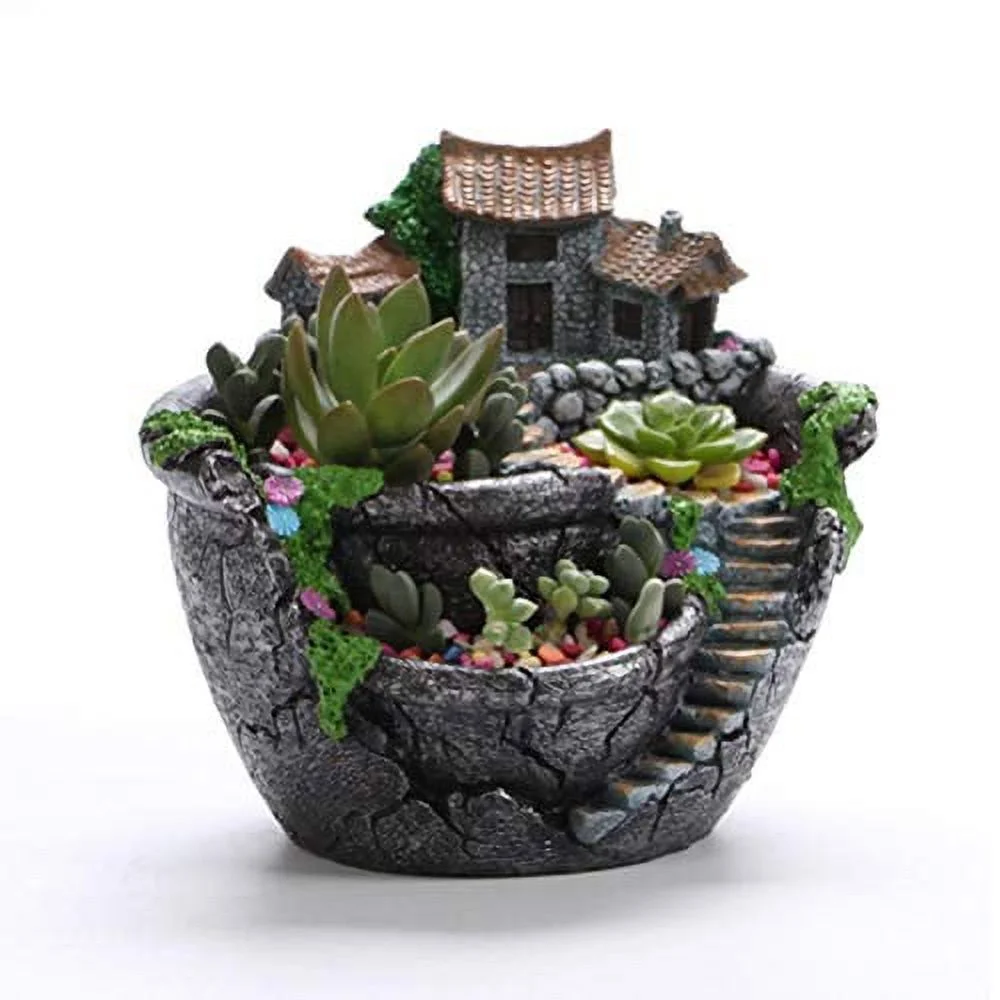 Creative Resin Plant Pot, Succulent Plant Pot with Sweet House, Mini Fairy Garden Micro Landscape Plant in Pot