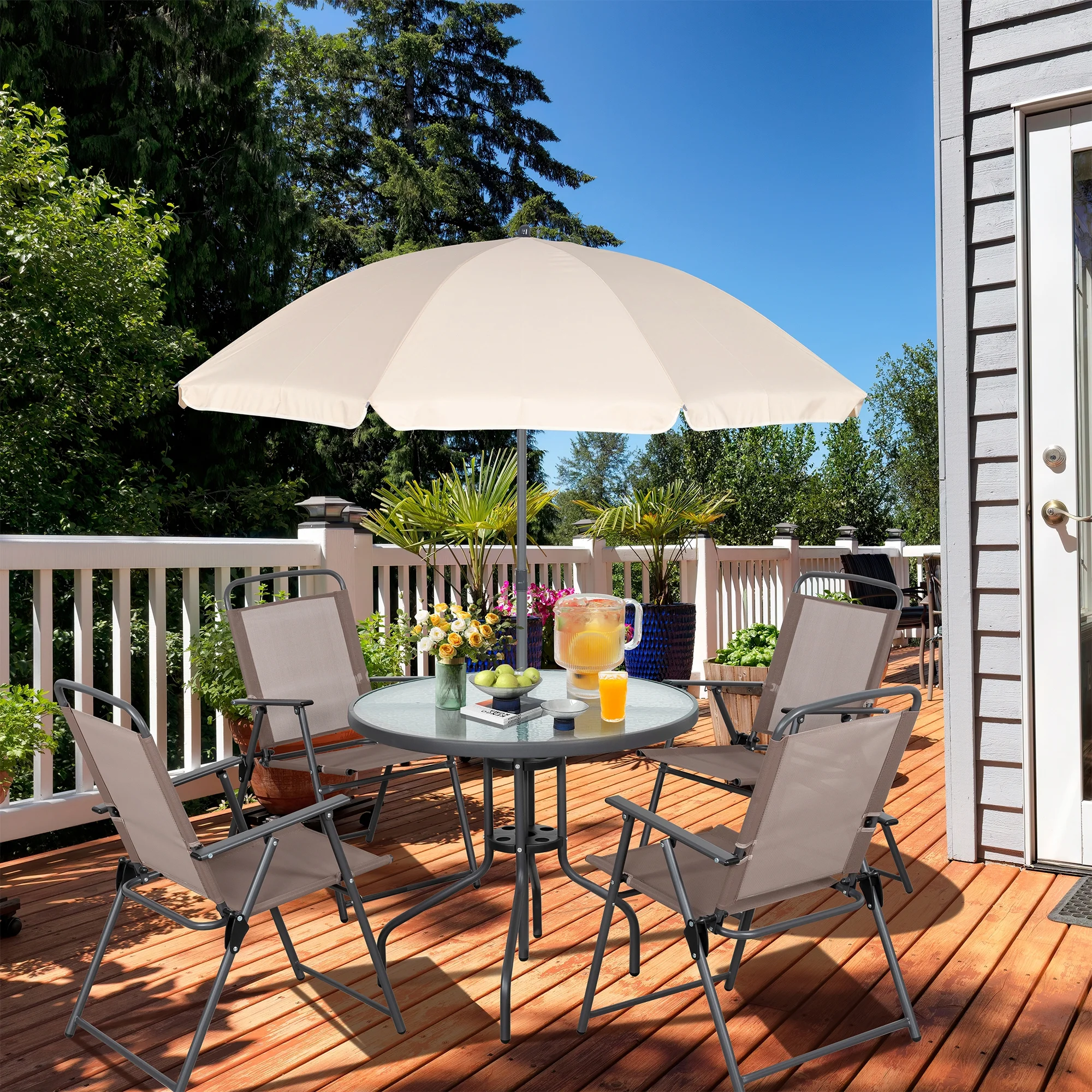 Walsunny 6 Piece Patio Dining Set with Umbrella, Outdoor Garden Set with 4 Folding Chairs and Tempered Glass Top Dining Table Brown