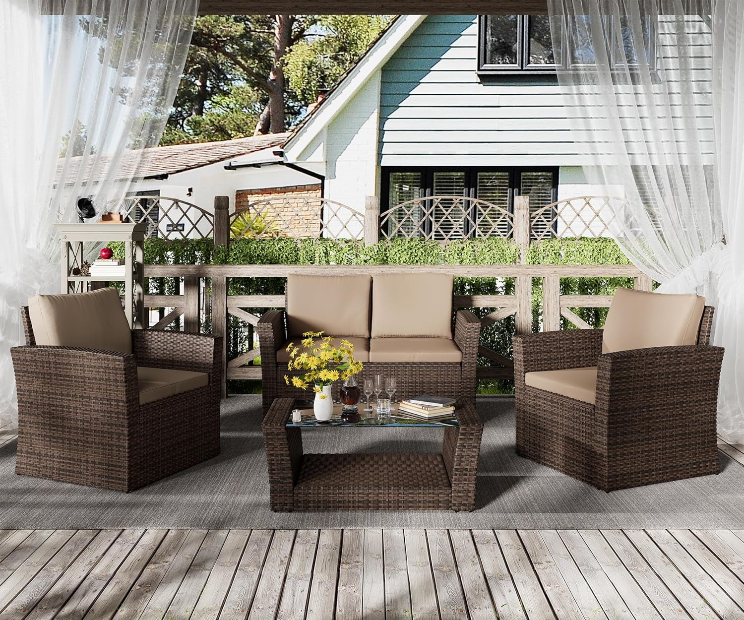 Dina 4PCS Patio Furniture Set  Outdoor Conversation Sets with Rattan Chair Table  Wicker Loveseat Sofa Bistro for Garden  Pool  Backyard