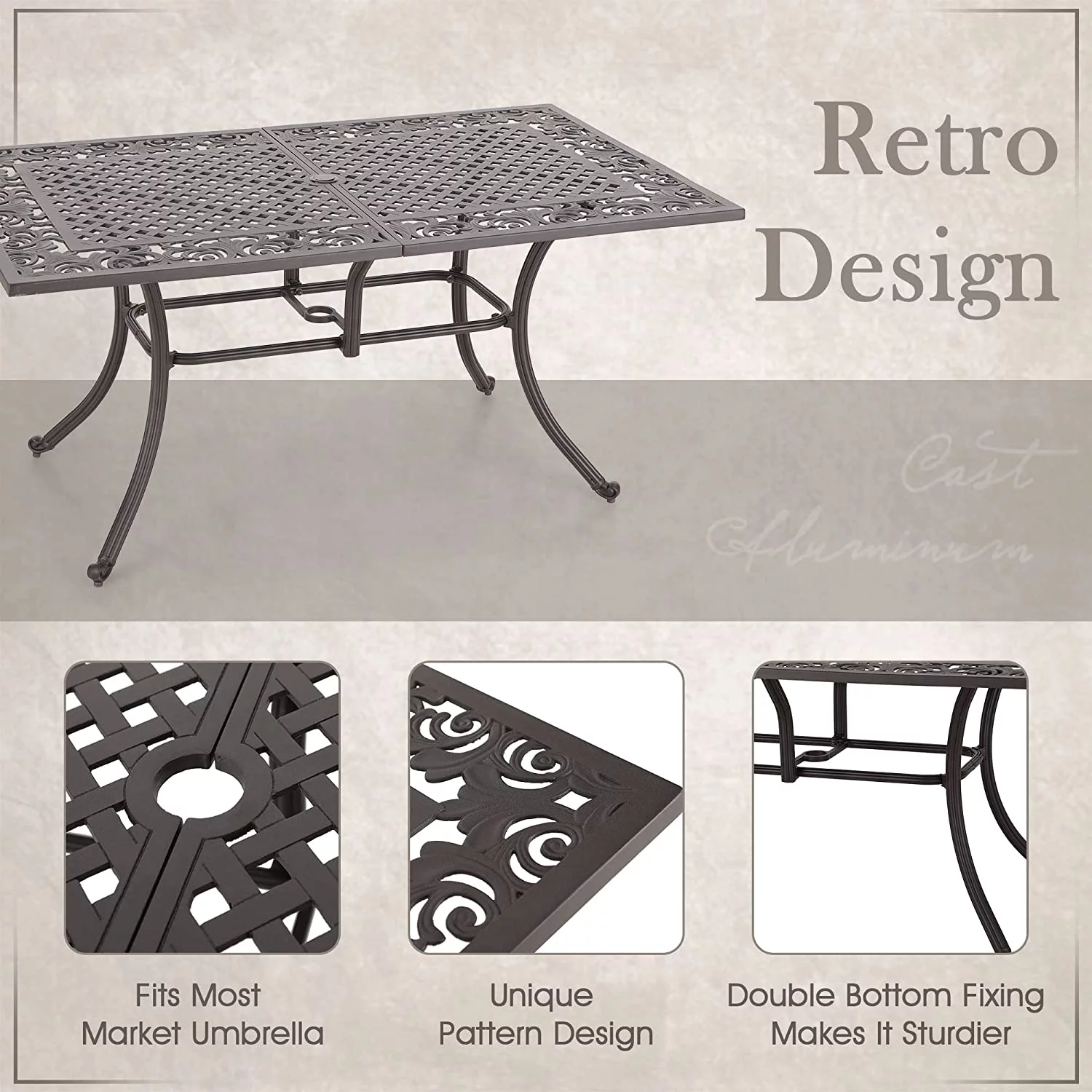 7 PCS Cast Aluminum Retro Design Patio Dining Set with 6 Swivel & Rock Chair and 1 63" Rectangular Dining Table  Outdoor Furniture for 6  Brown